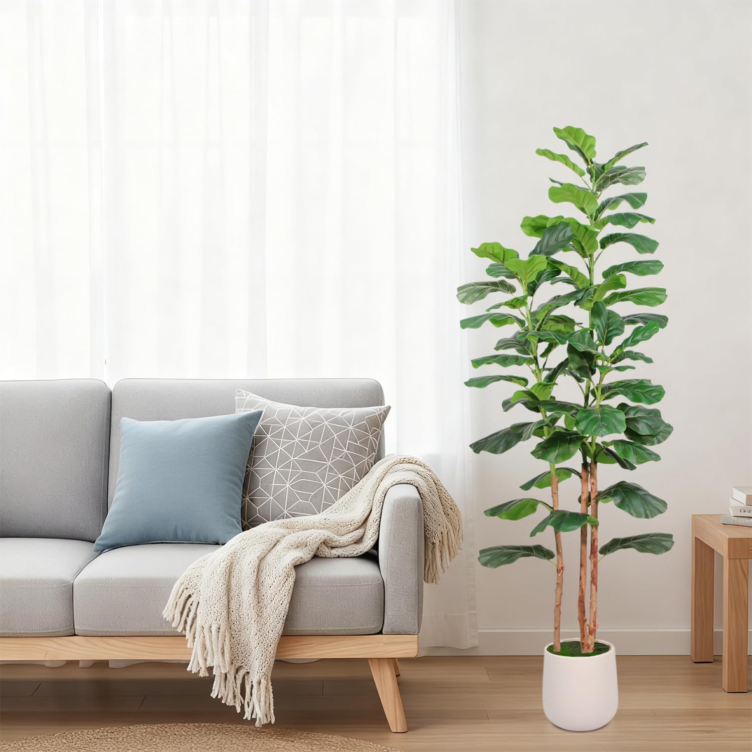 Artificial Fiddle Leaf Fig Tree with White Planter, 5ft Tall Faux Ficus Tree Artificial Plants Indoor with Lifelike Green Leaves for Home Office Decor