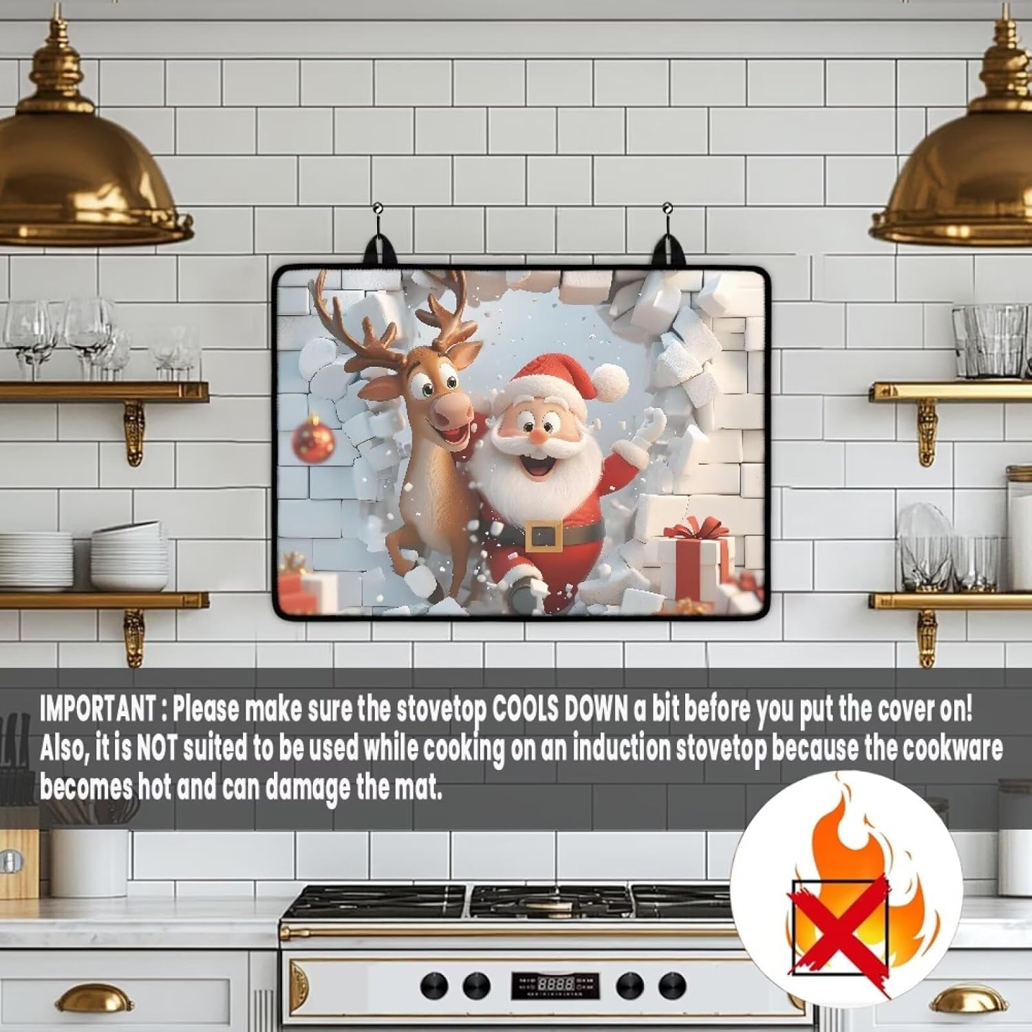 Christmas Santa Claus Deer Stove Top Cover for Glass Top, Countertop Covers Electric Stove Protector Scratch-Resistant Flat Top Oven Cover,Heat Rubber Mat Foldable Cooktop Covers