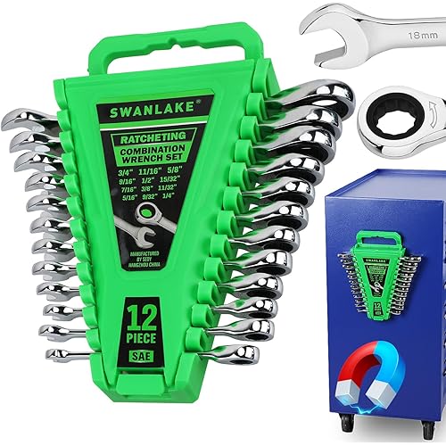 12-Piece Ratcheting Wrench Set, SAE 1/4 - 3/4 inch Ratchet Combination Wrenches Set, 12-Point 72-Tooth Ratchet Spanners with Magnetic Base Organizer, Chrome Vanadium Steel for Automotive Mechanic Tool