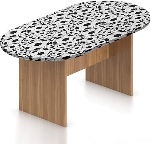 Oval Fitted Tablecloth, Soccer Elasticized Polyester Table Cover,Monochrome Design Classical Football Balls Print Fitted Table Cloth, Fits Oval Oval Fitted Tablecloth, Soccer Elasticized Polyester Table Cover,Monochrome Design Classical Football Balls Print Fitted Table Cloth, Fits Oval