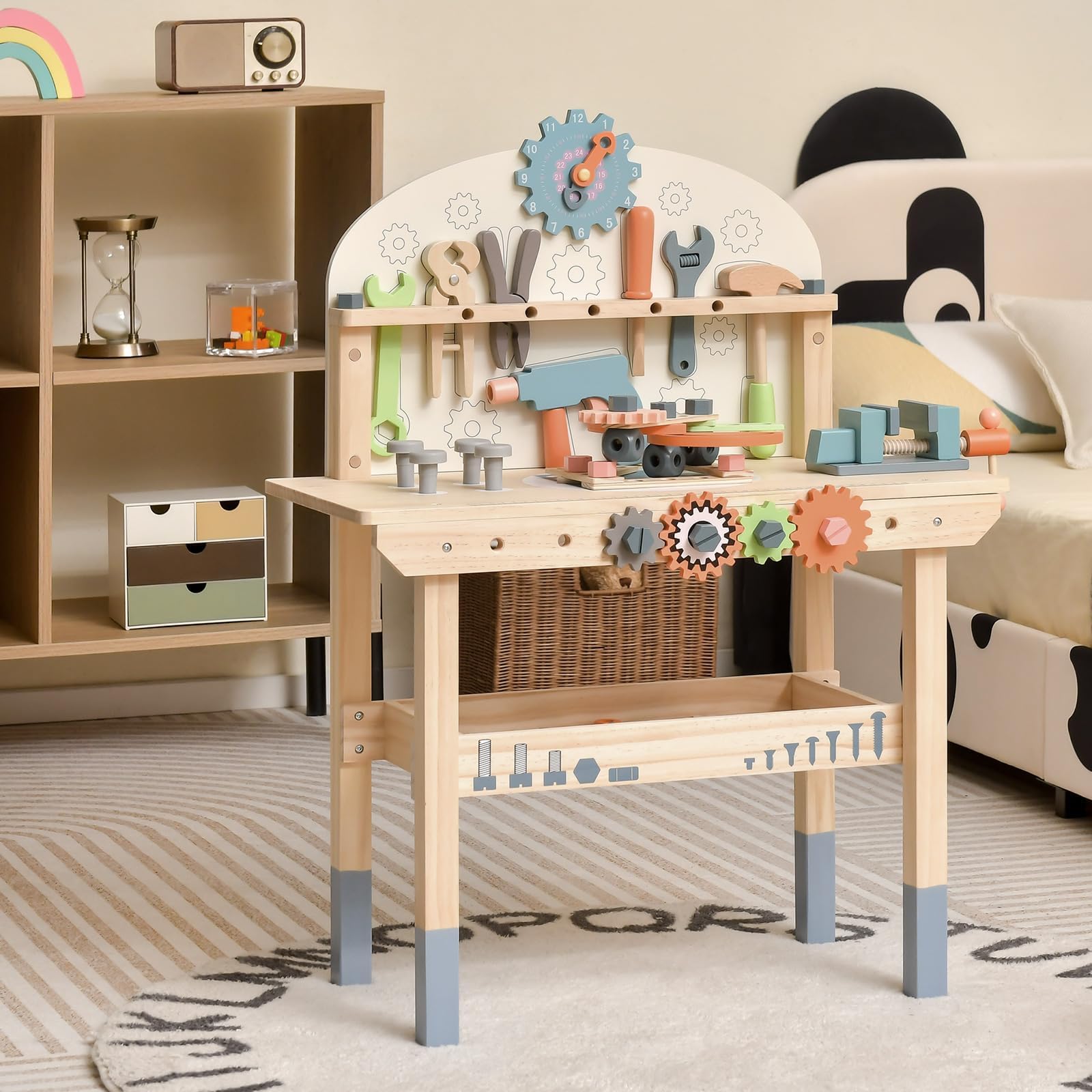 FANTASK Werkzeugbank für Kinder, Spielwerkbank Holz mit magnetischem Gestell, Ablageregal & Zubehör, Werkstatt Werkbank mit Werkzeugen Set Montessori für Kinder ab 3 Jahren