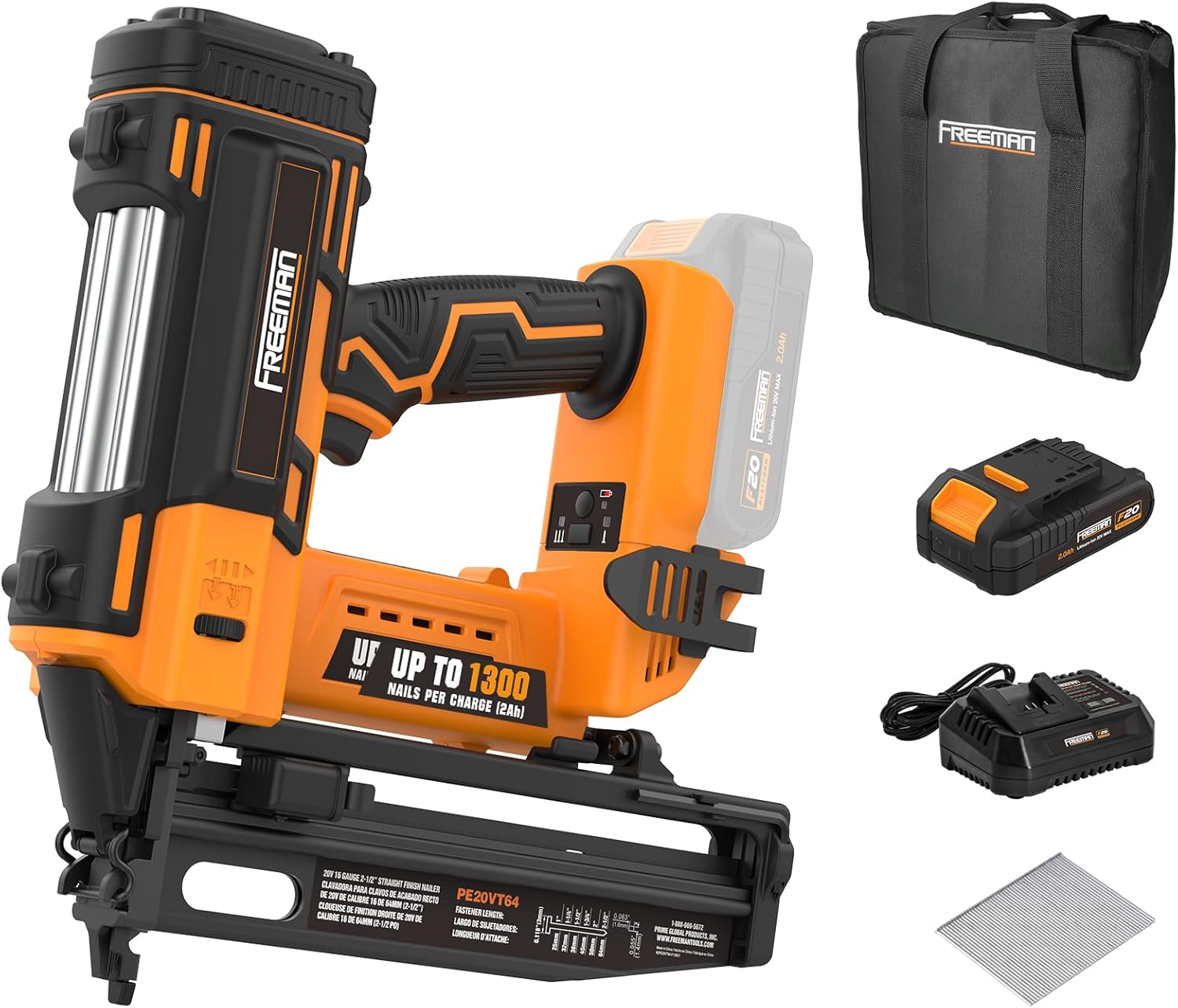Freeman PE20VFN64 20 Volt Cordless 16-Gauge 2-1/2" Straight Finish Nailer Kit with Lithium Ion Battery, Charger, Bag, and Nails (200 Count) – 1300 Shots per Charge, Orange and Black