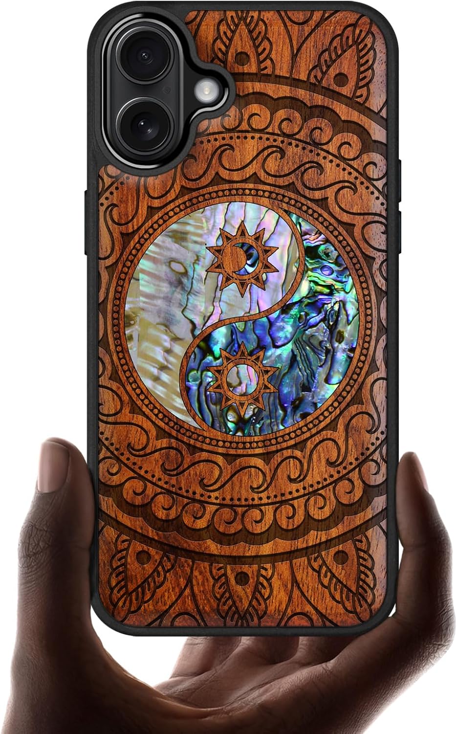 Carveit Magnetic Case for iPhone 16 Plus Case, Wood Artisan Engraved & Handmade Shell Inlaid, TPU Shockproof Cover, Compatible with MagSafe Wireless Chargers (Yin Yang Paisley) Rosy
