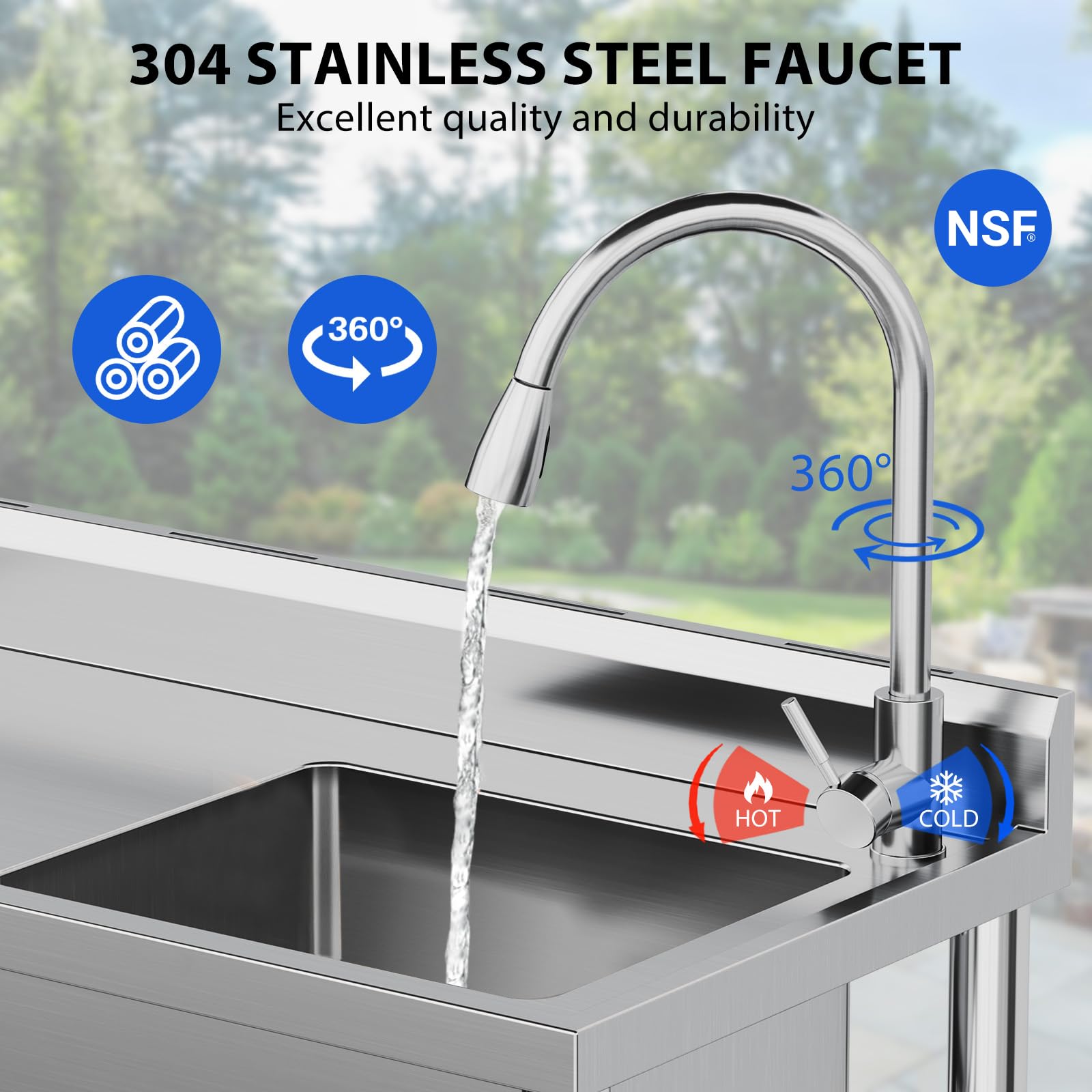 Évier Utilitaire en Acier Inox 1 Compartiment avec Table, Évier Autoportant à Cuve Simple avec Robinet et Pieds, Grand Évier Professionnel pour Cuisine, Buanderie, Salle de Bain et Jardin