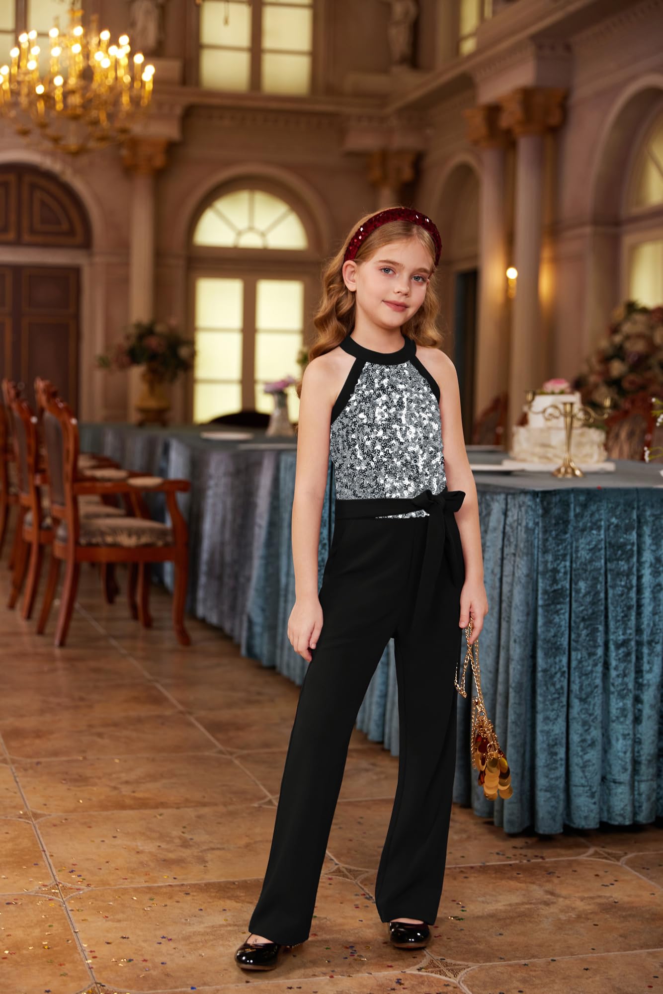 GRACE KARIN Mädchen Pailletten Overall mit Taschen Jazz Dance Disco Party Kostüm Kinder Festliche Kleidung Spielanzug Jumpsuit