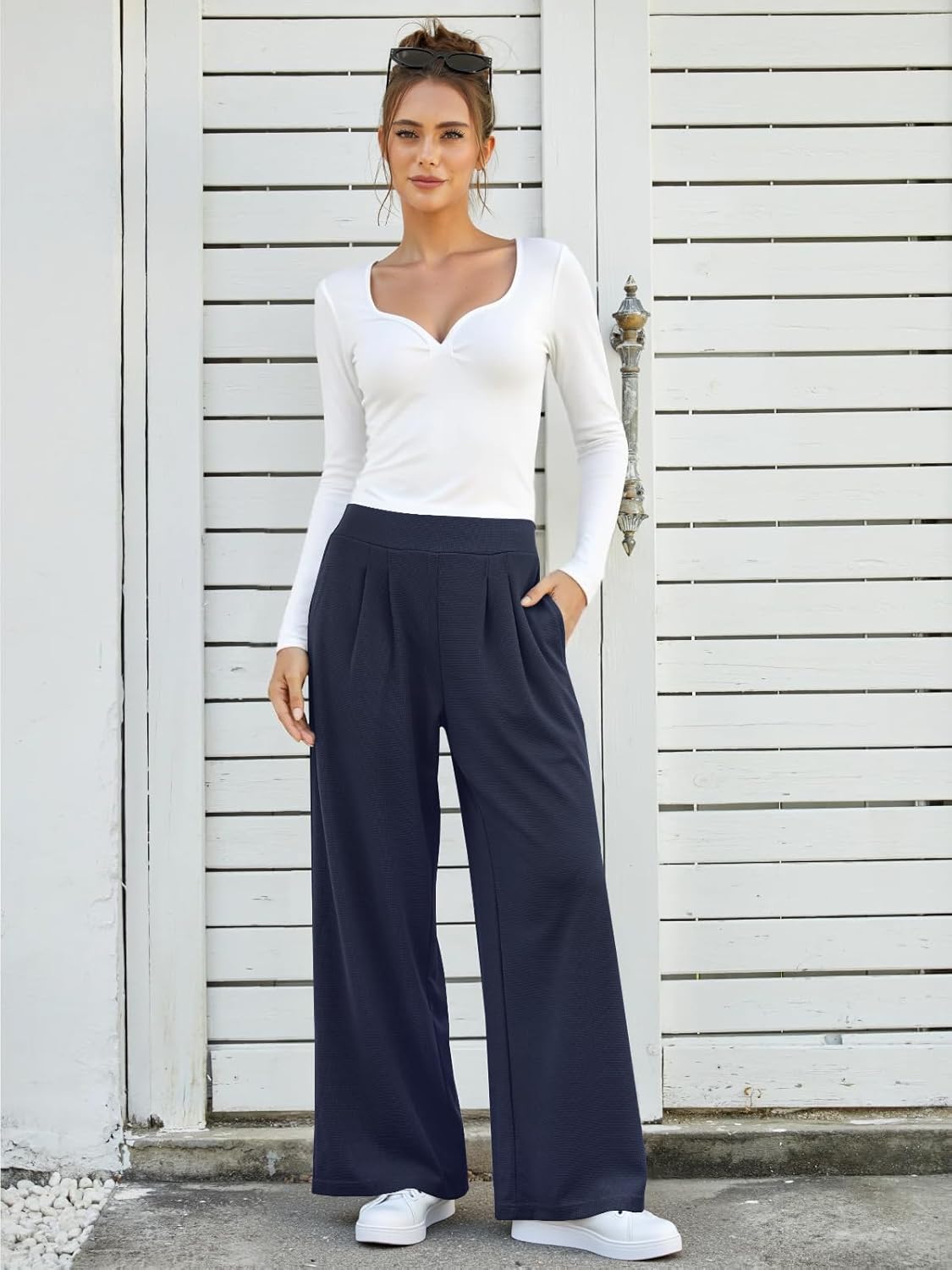 FireSwan Women's Wide Leg Pants Elastic High Waist Casual Palazzo Pants Trousers with Pockets - Image 2