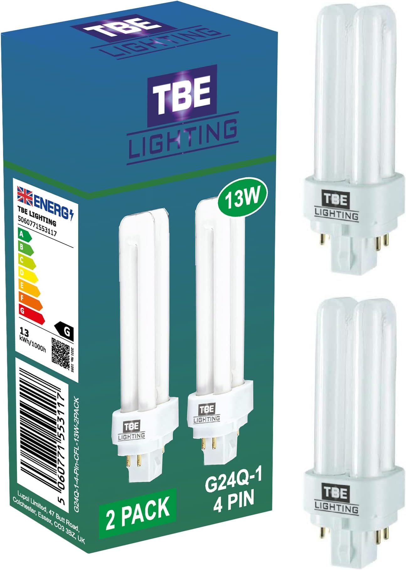 TBE LIGHTING 13w G24Q-1 4-Pin CFL Lamp - Pack of 2 Units - Cool White 4000K, 900 Lumen/Double Turn CFL Compact Fluorescent Light