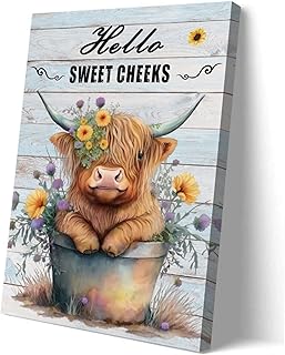 Highland Cow Wall Art, Cow Pictures Wall Decor, Rustic Sunflower Highland Cow Calf Wall Art Canvas Poster, 12x16 Inch Framed Ready to Hang, Farmhouse Longhorn Canvas Wall Art Decor Poster for Women Kids Bedroom Bathroom Wall Art Decor