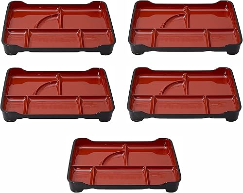 JapanBargain 1590 - Lonchera japonesa Bento tradicional de plástico lacado con 6 compartimentos para restaurante o hogar, color rojo y negro, 14 x