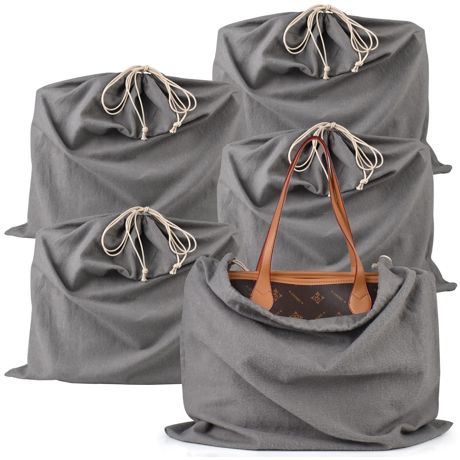 HAMBOLY 100% Cotton Bags 5 Pack Dust Cover Storage Pouch with Drawstring Closure for Packaging Handbags Purses Pocketbooks Shoes Boots, Grey (21 x 19