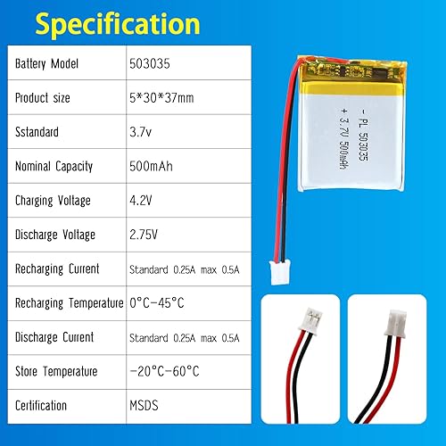 Miniatura 4 de 503035 3.7V Lipo Batería 500mAh 503035 Batería recargable de polímero de litio con conector JST PH2.0.000 in para dispositivo electrónico