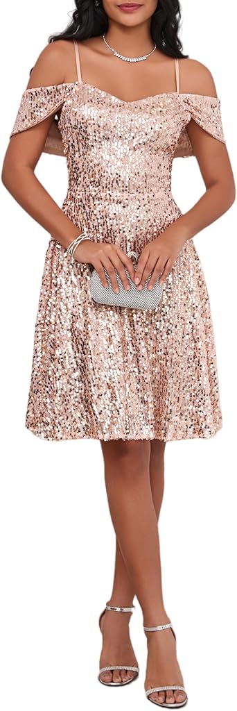 Womens Sequin Elegant Sexy Cold Shoulder High Waist A Line Dress Cocktail Evening Party Midi Dress