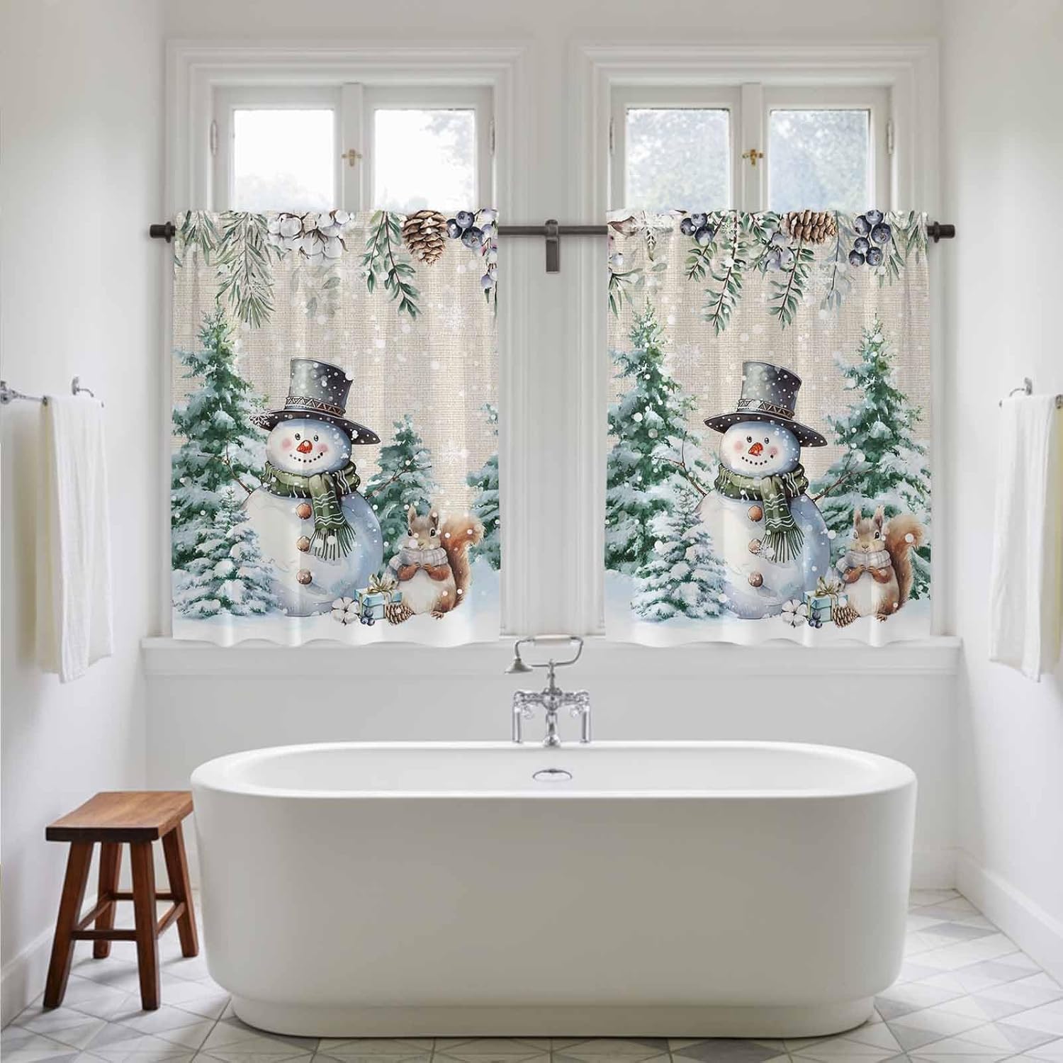 Snowman Christmas Kitchen Tier Curtains 45 Inch Long 2 Panel Set,Rod Pocket Short Window Treatment,Xmas Tree Weeping Pine Cones Rustic Curtains & Drapes for Bathroom Basement 27.5"W x 45"L