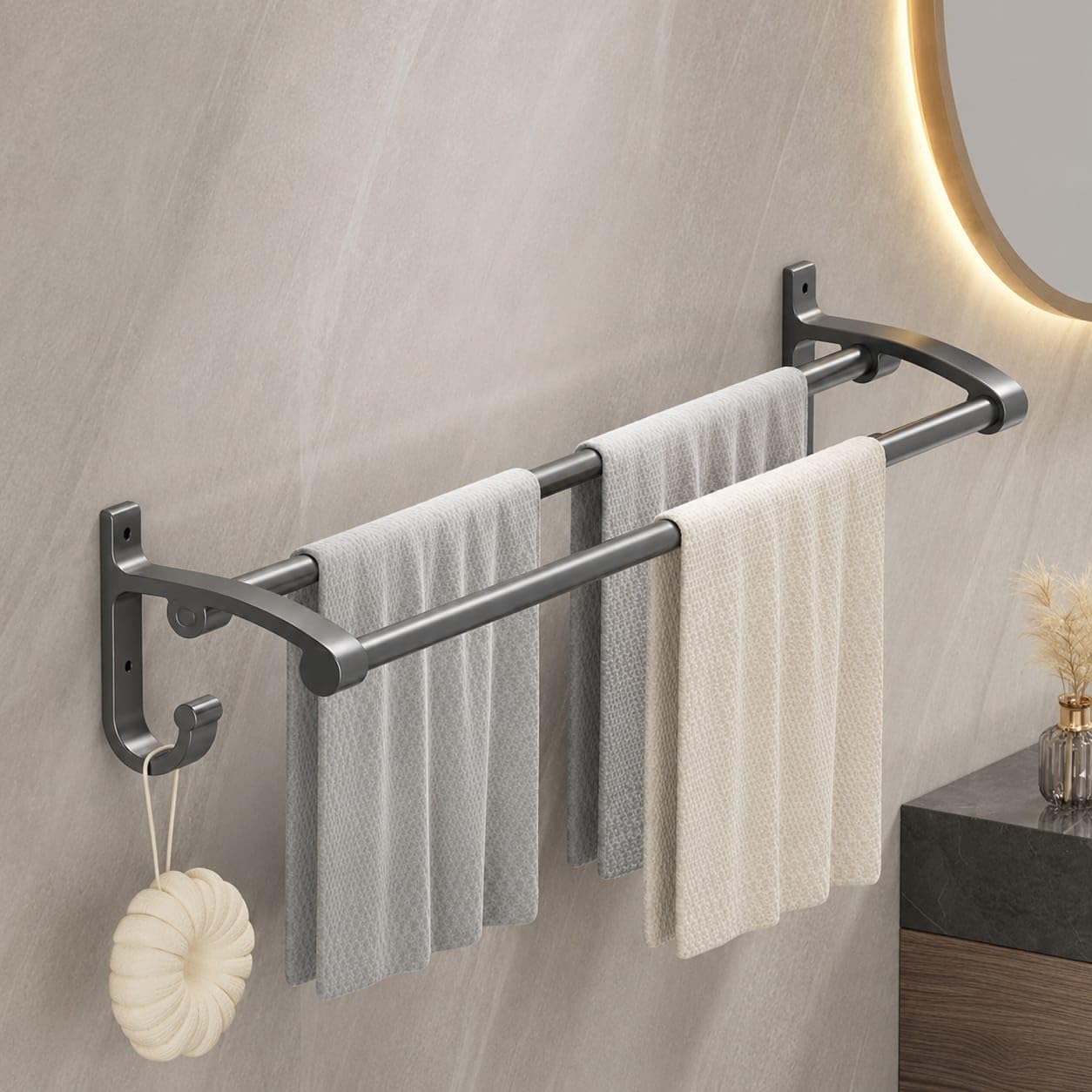 iSTAR Towel Rod Double Rod Black Towel Holder 24 inch Longer 2 Bar Towel Rod-image-11