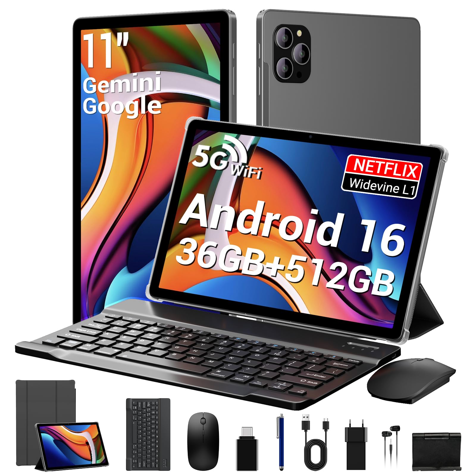 LEVIRTU Tablet 11 Pollici Android 16 Octa-Core 2.0GHz, 36GB RAM + 512GB ROM (2TB TF), 5G WiFi, Gemini AI, Widevine L1, 8000mAh, 13MP+8MP, GPS, Face ID, BT 5.0, Tablet con Tastiera+Mouse, Grigio