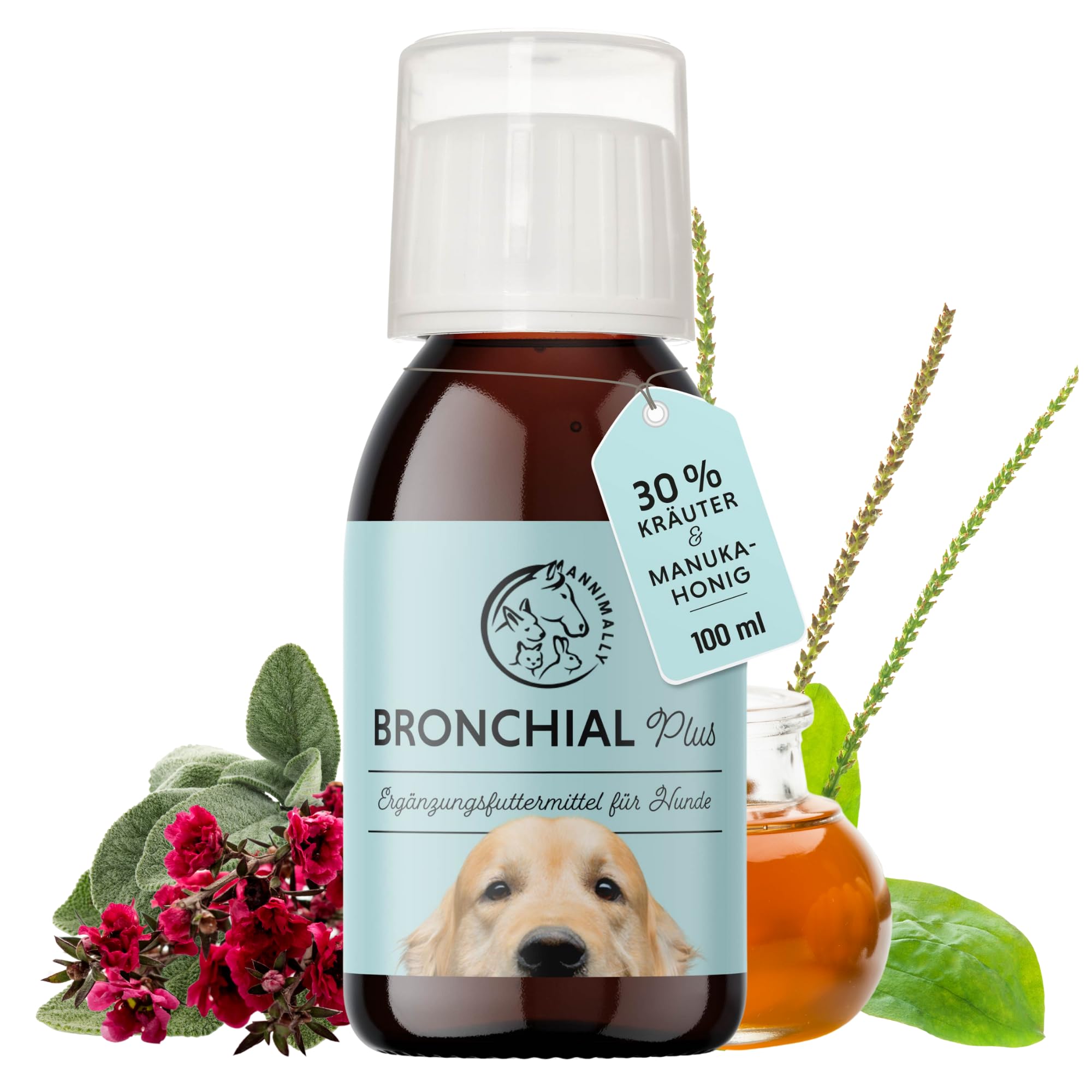 Annimally Bronchial Liquid für Hunde mit Manuka Honig I Bronchial Plus 100ml Saft für Atemwege beim Hund - Reich an Thymian, Echinacea, Salbei & 9 weiteren Atemkräutern