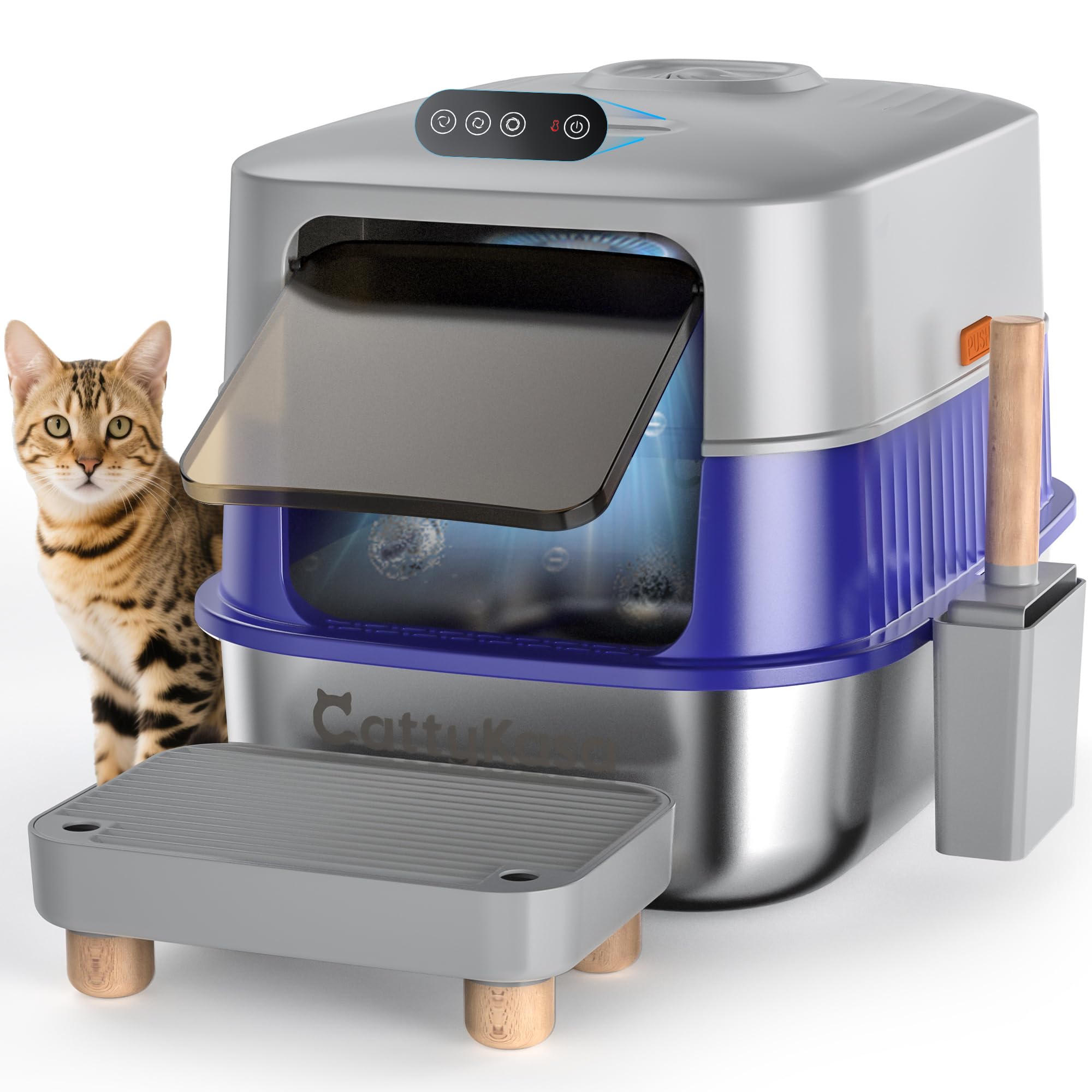 Stainless Steel Litter Box XL Extra Large with Smart Odor Control, 3-in-1 Enclosed High Sided Litter Box with High Lid for Big Cats Infrared Sensor Non-Sticky Anti-Leakage with Scoop Filter Pedal