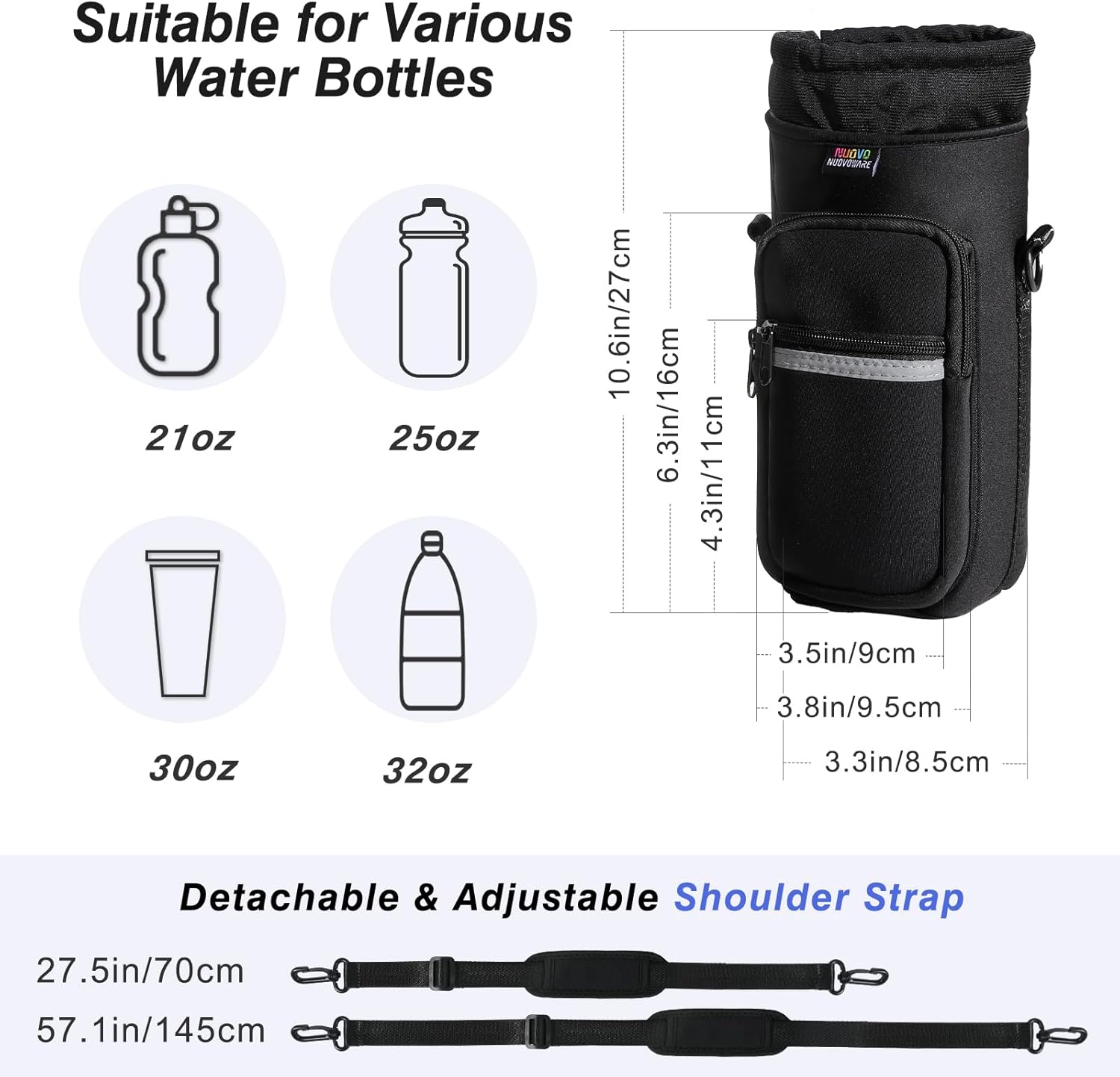 Nuovoware Water Bottle Carrier Bag,25oz/40oz/64oz Bottle Pouch Holder,Adjustable Shoulder Hand Strap 2 Pocket Sling Neoprene Sleeve Sports Accessories for Hiking Travelling Camping - Image 4