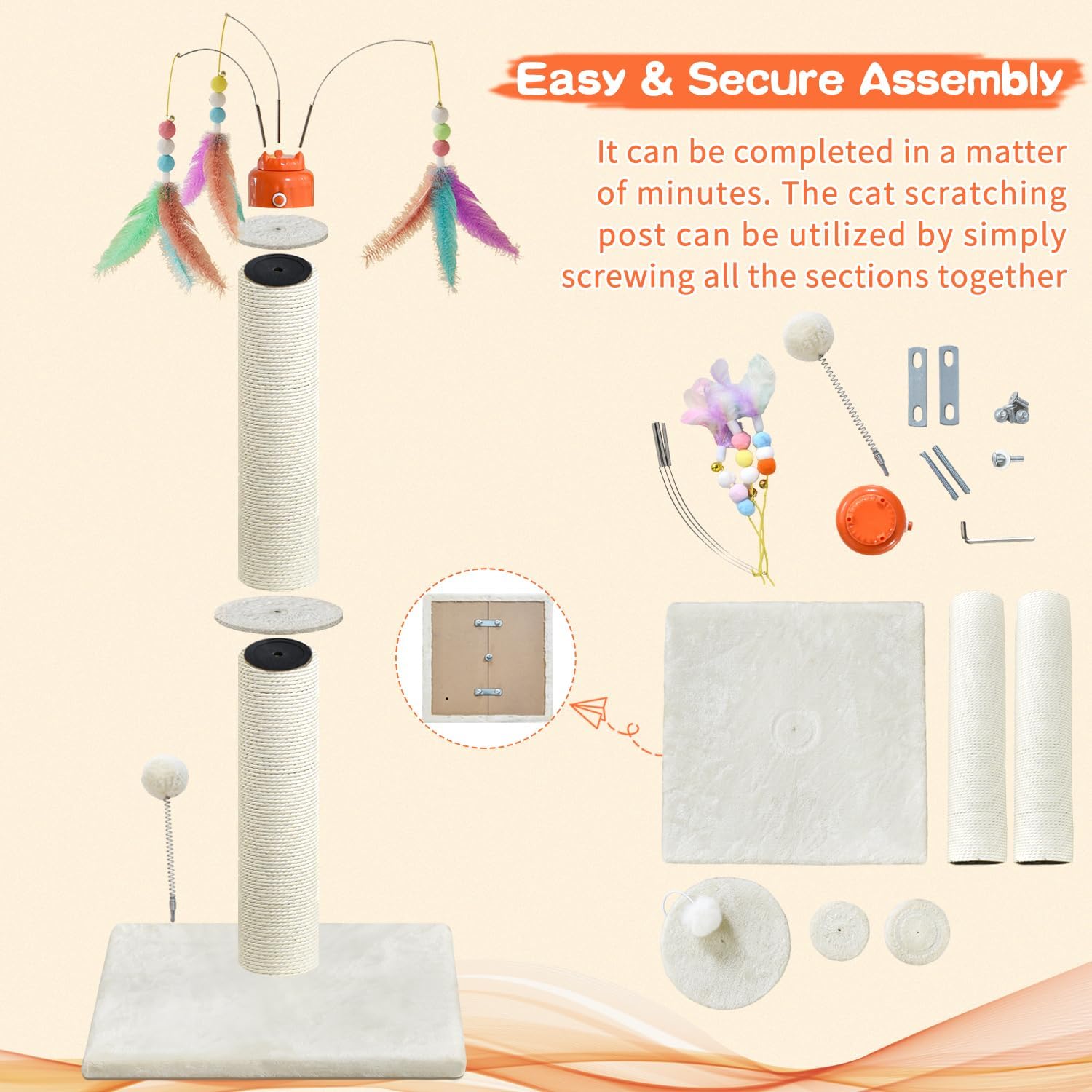 Cat Scratching Post，42.5" Tall Heavy Duty Cat Scratcher，Scratching Posts for Indoor Cats Adult with Interactive Cat Toys Automatic Teaser Wand and Rotating Hanging Balls