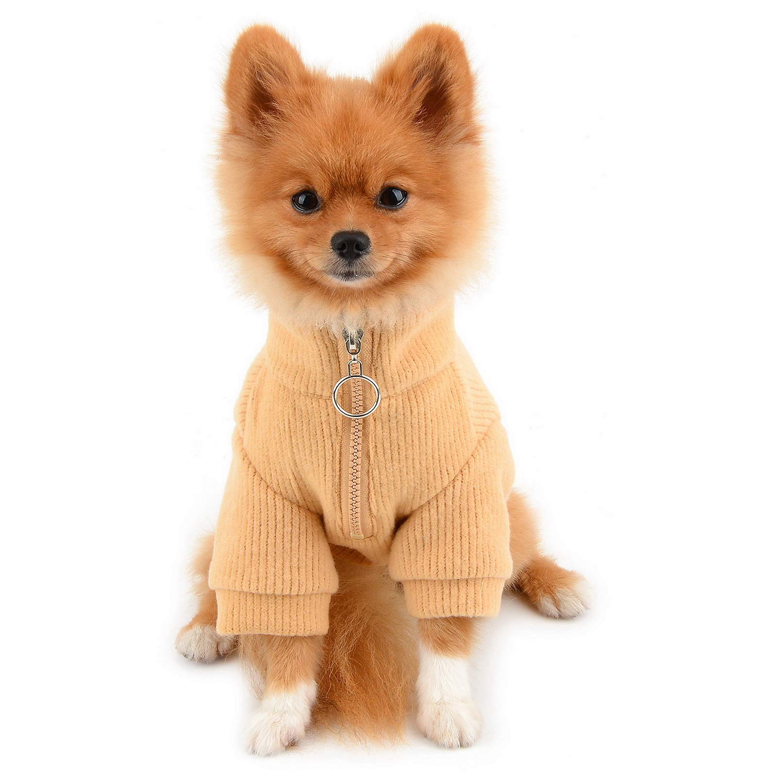 PAIDEFUL Pet Sweater for Small Dogs Girl Boy Zip-up Knit Sweatershirt Warm Solid Pullover Coat Autumn Winter Dog Clothes for Puppy Chihuahua Yorkie,Light Brown,Size XXL