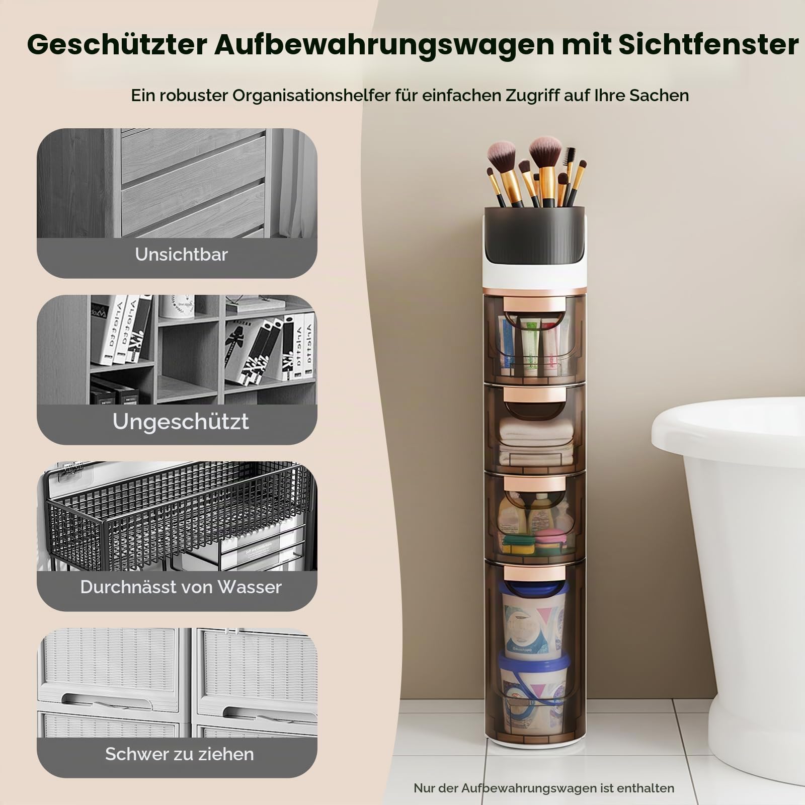 4-stöckiger Slim Bathroom Organizer, schmaler Badezimmer-Organisator mit leisen Rollen und Schubladen für enge Räume, Bad, Küche, Waschküche, weiß