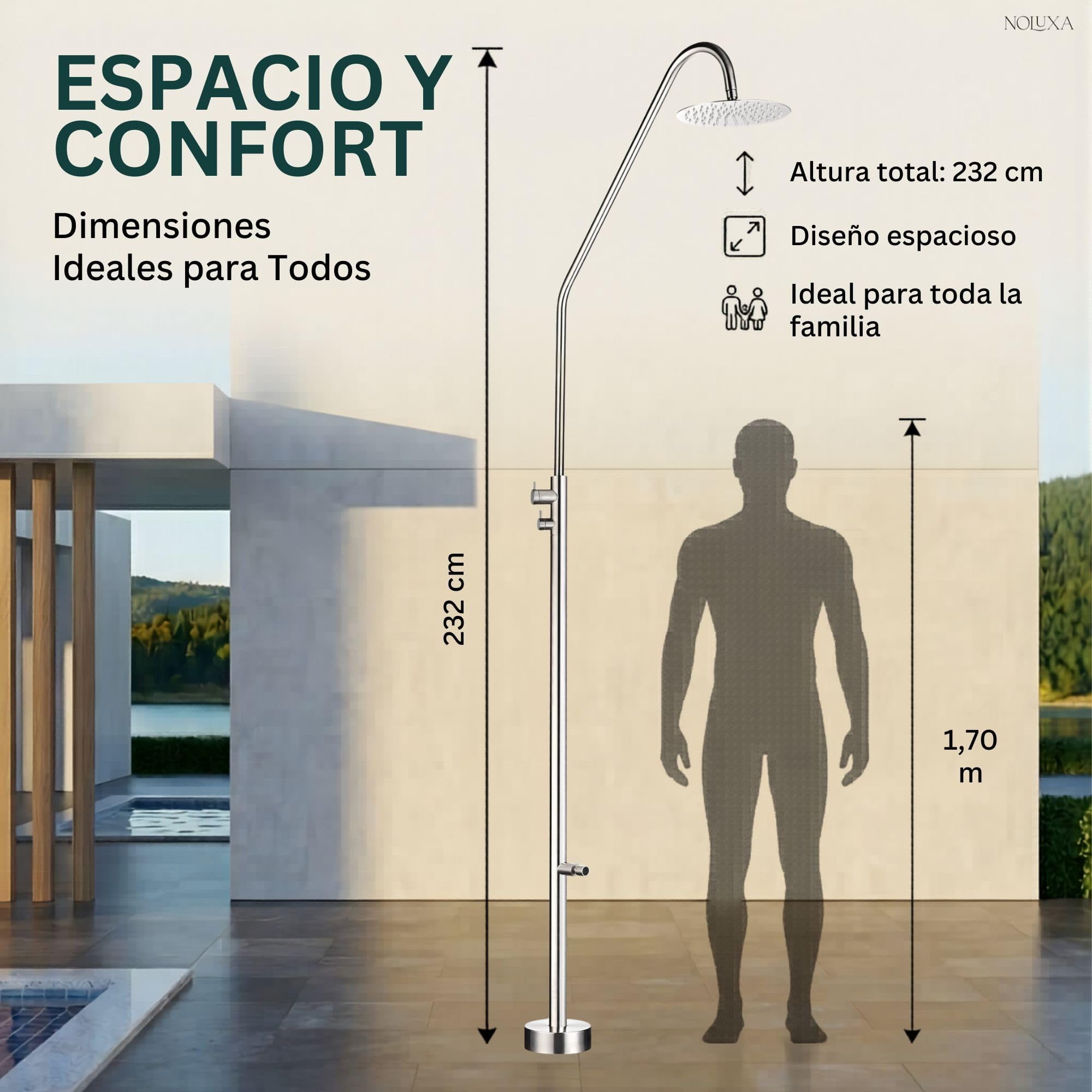 IMEX - Ducha Piscina Exterior Acero S.316 con Lava-pies | Ducha Empotrada Suelo para Jardín, Piscina y Terraza | Grifería 1 vía (Agua Fría) con Rociador y Tratamiento Anticorrosión | Serie Dakota
