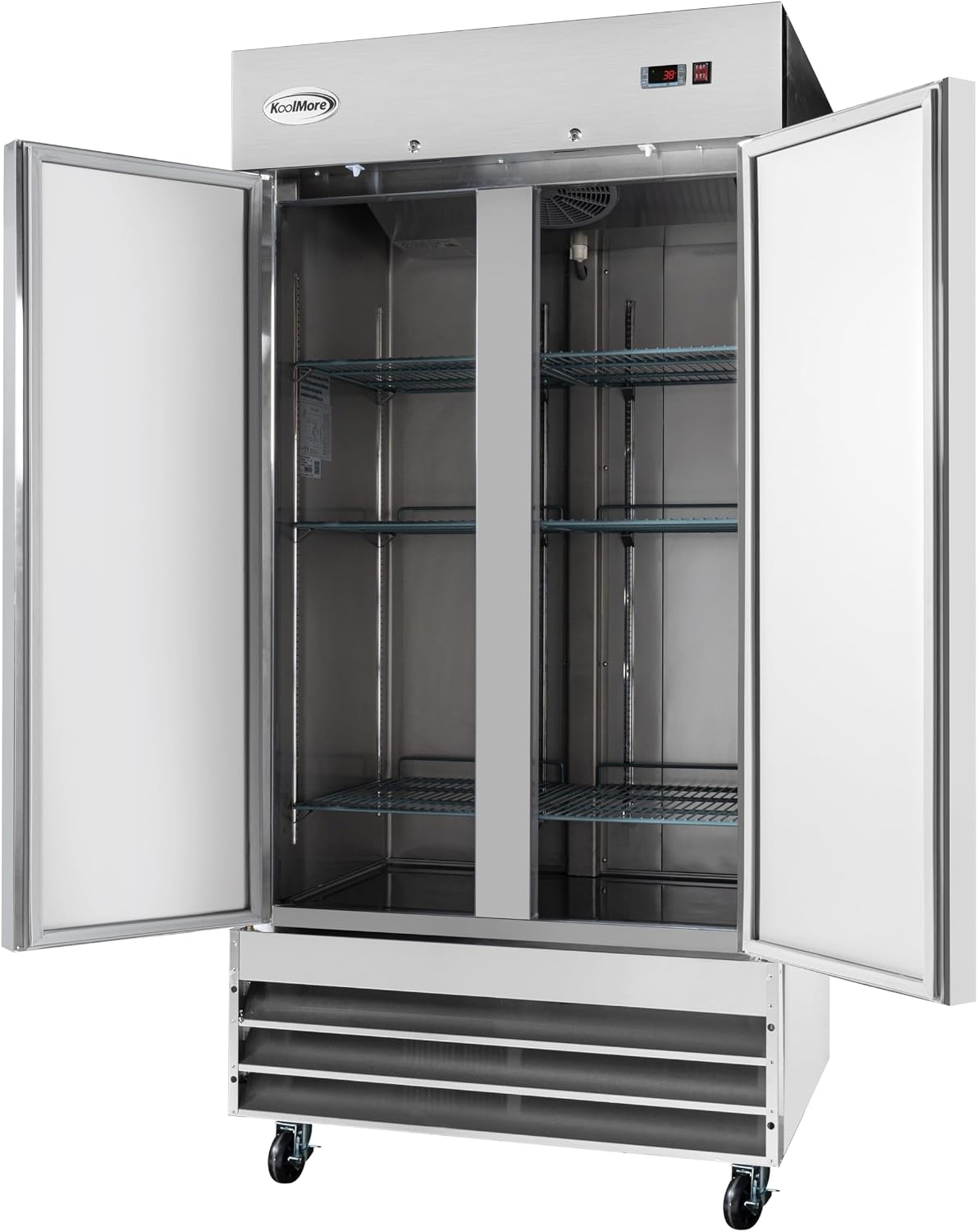 KoolMore RIR-2D-SS35C Commercial Stainless-Steel Reach-in Refrigerator with Two Door Access for Restaurants, Cafes, and Cold Food Storage, Large 35 Cu. Ft. Capacity, Heavy Duty Kitchen Use, 2, Silver