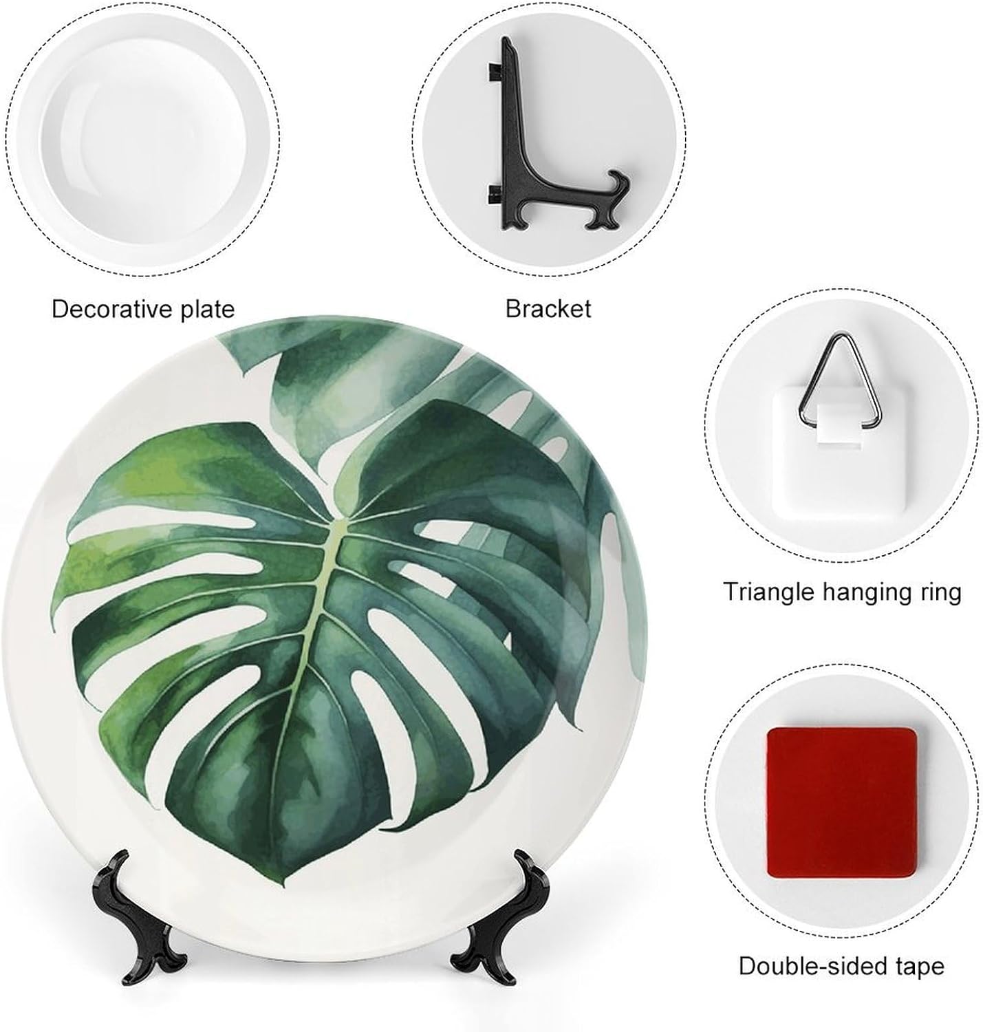 Watercolor Monstera Leaf Bone China Decorative Plate with Display Stand, Ceramic Ornaments Plate for Wall Hanging, Personalized Porcelain Plates for Office, Living Room 10inch