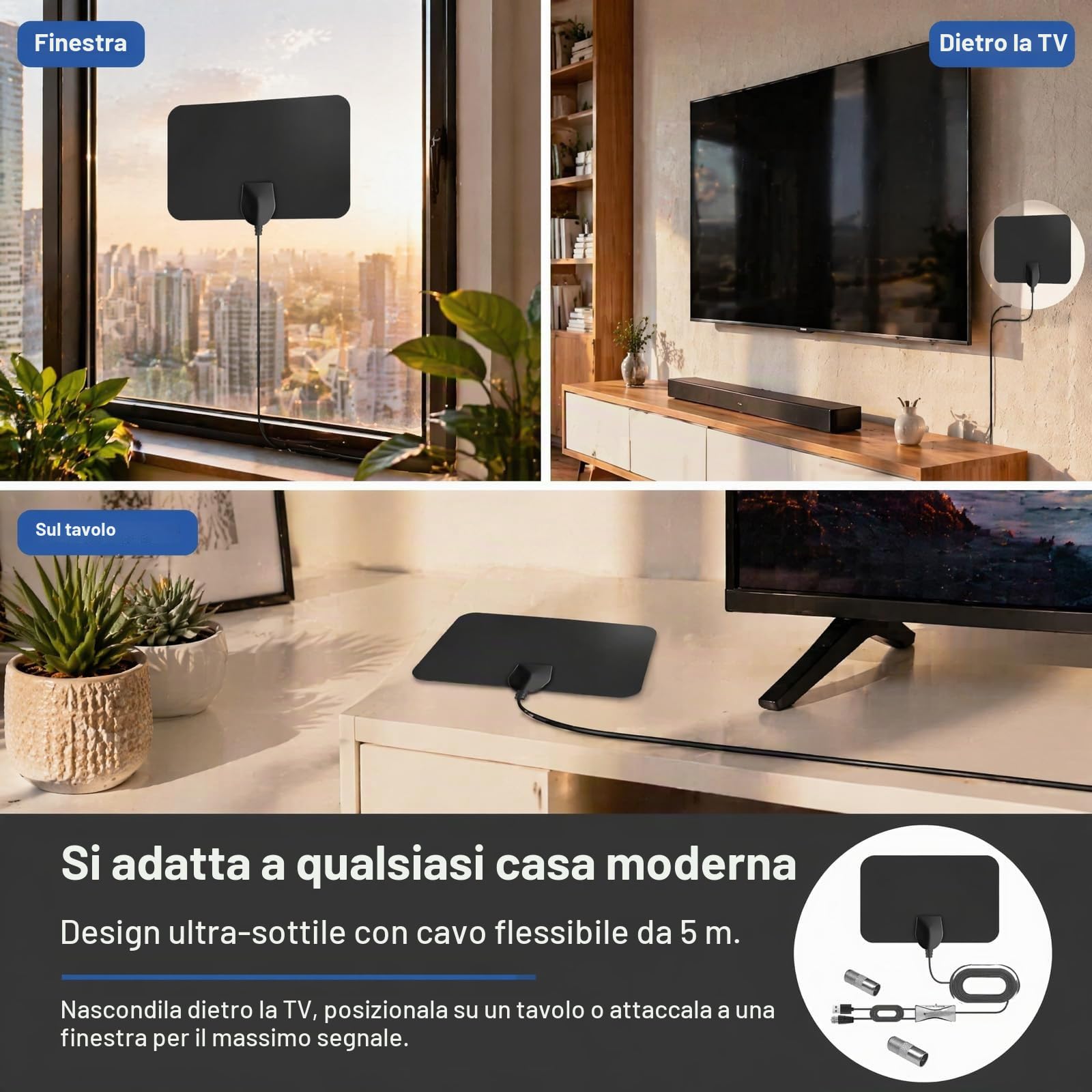 Antenna TV Interna Amplificata Potente, Antenna TV Portatile, HDTV Digitale 250+ Miglia, cavo Coassiale da 5 M, Compatibile DVB-T/T2, ISDB-T, DMB-T/H, ATSC, DAB/FM