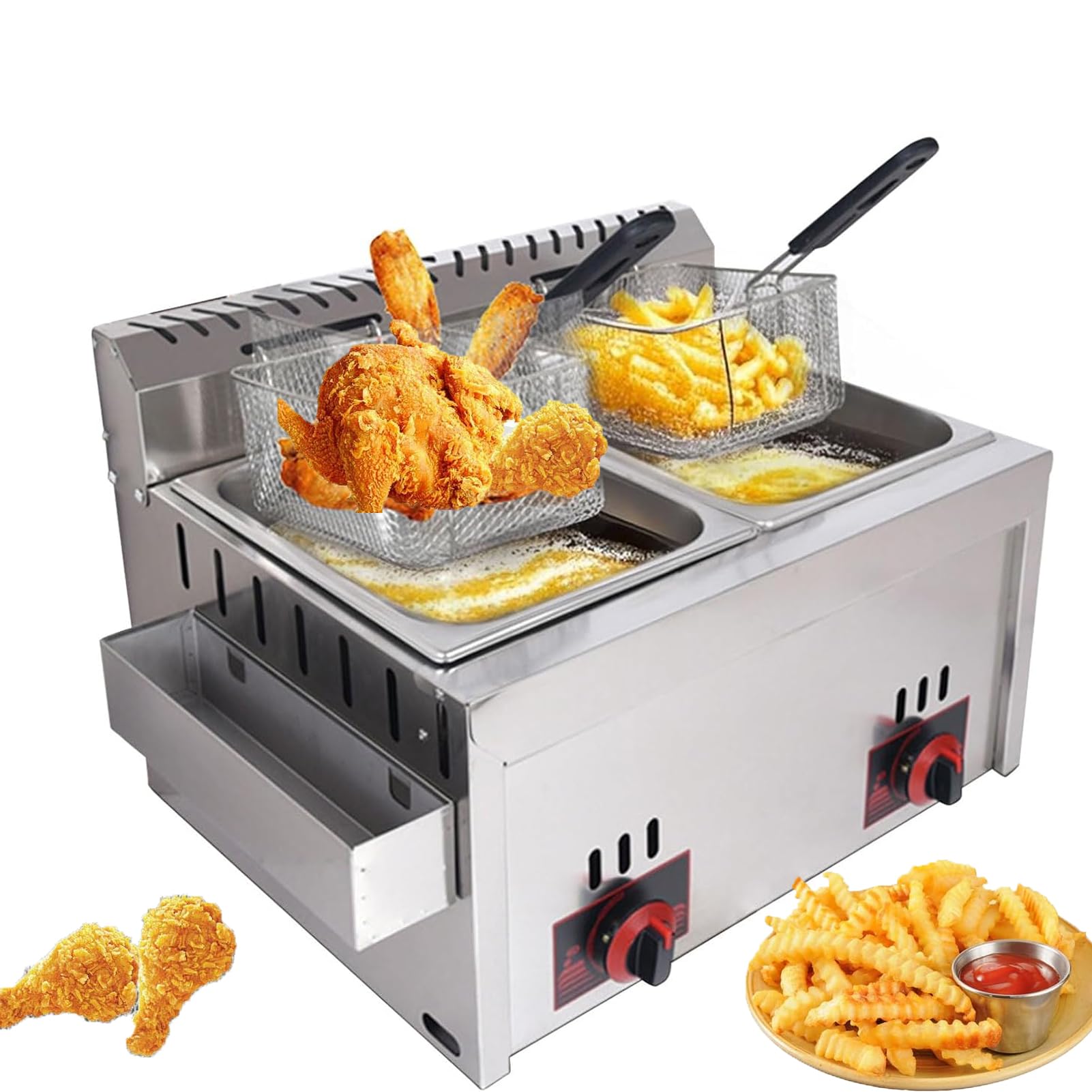 Freidora de gas de gran capacidad, Frezadora de acero inoxidable Freidora de fuego comercial Firado ajustable Firil Firing Ideal para papas fritas, rosquillas, pescado incluye cestas y párpados