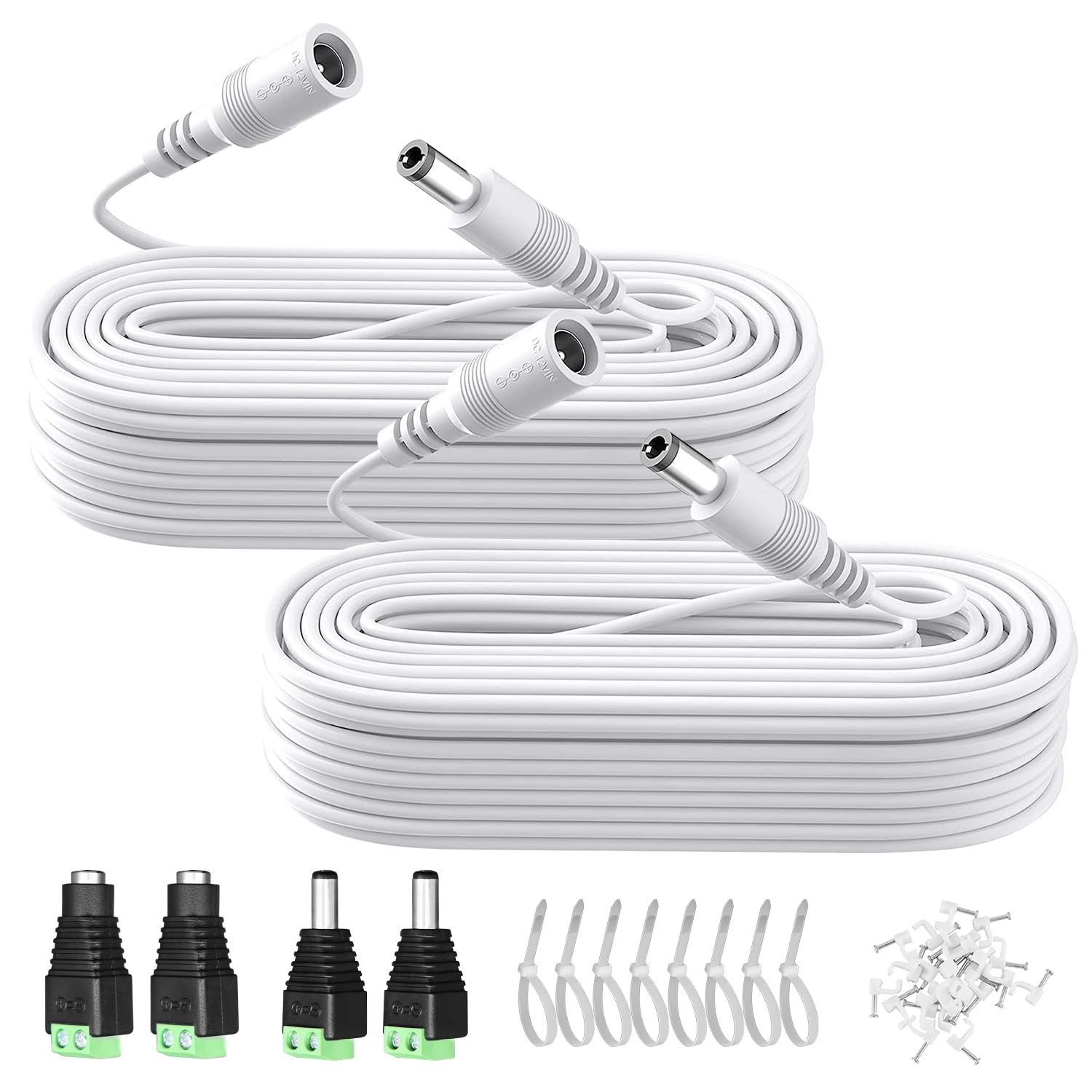 2PCS 33ft 10M DC Power Extension Cable, DC 12V 5.5mm x 2.1mm Extension Cord with Power Jack Adapter Connectors(2 x Male+2 x Female)/Wire Clips/Cable Ties for Security Camera/Router/LED Strip/Printer