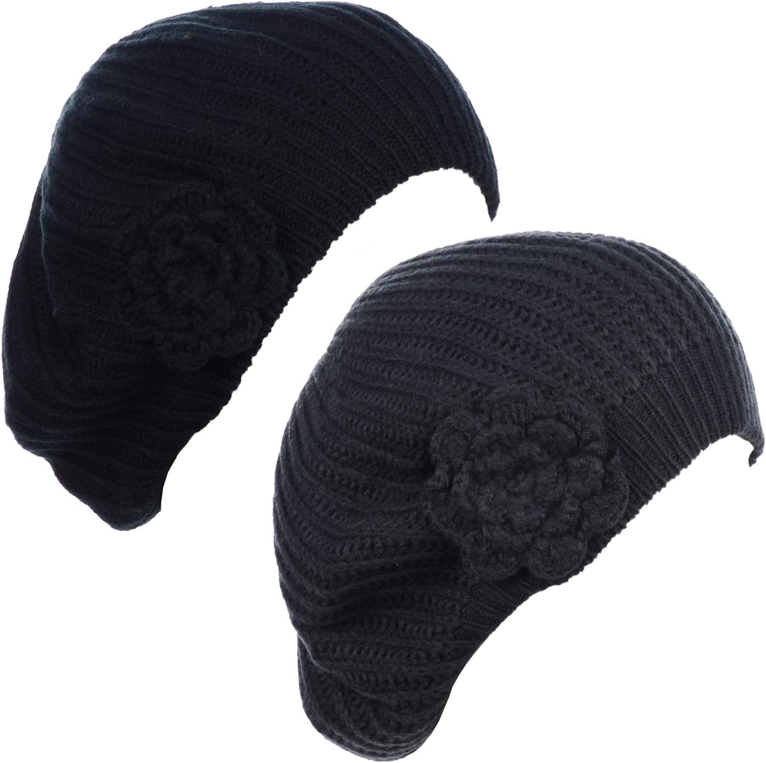 BYOS Ladies Winter Solid Chic Slouchy Ribbed Crochet Knit Beret Beanie Hat W/WO Flower Adornment