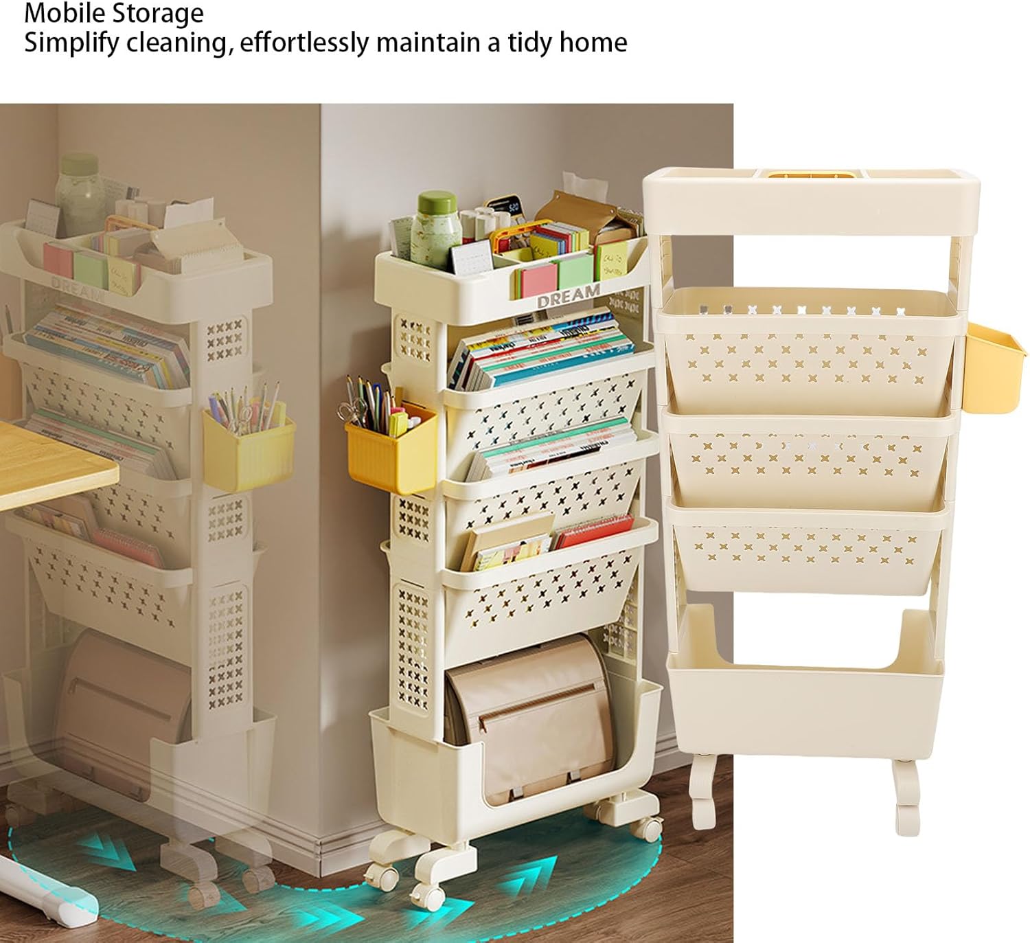 Rolling Book Cart, 5 Tier PP Multi Functional Storage Rack with Lockable Casters and Embedded Cup Holder, for Office Home Bedroom Classroom Library Utility Organizer Bookshelf (Cream White)