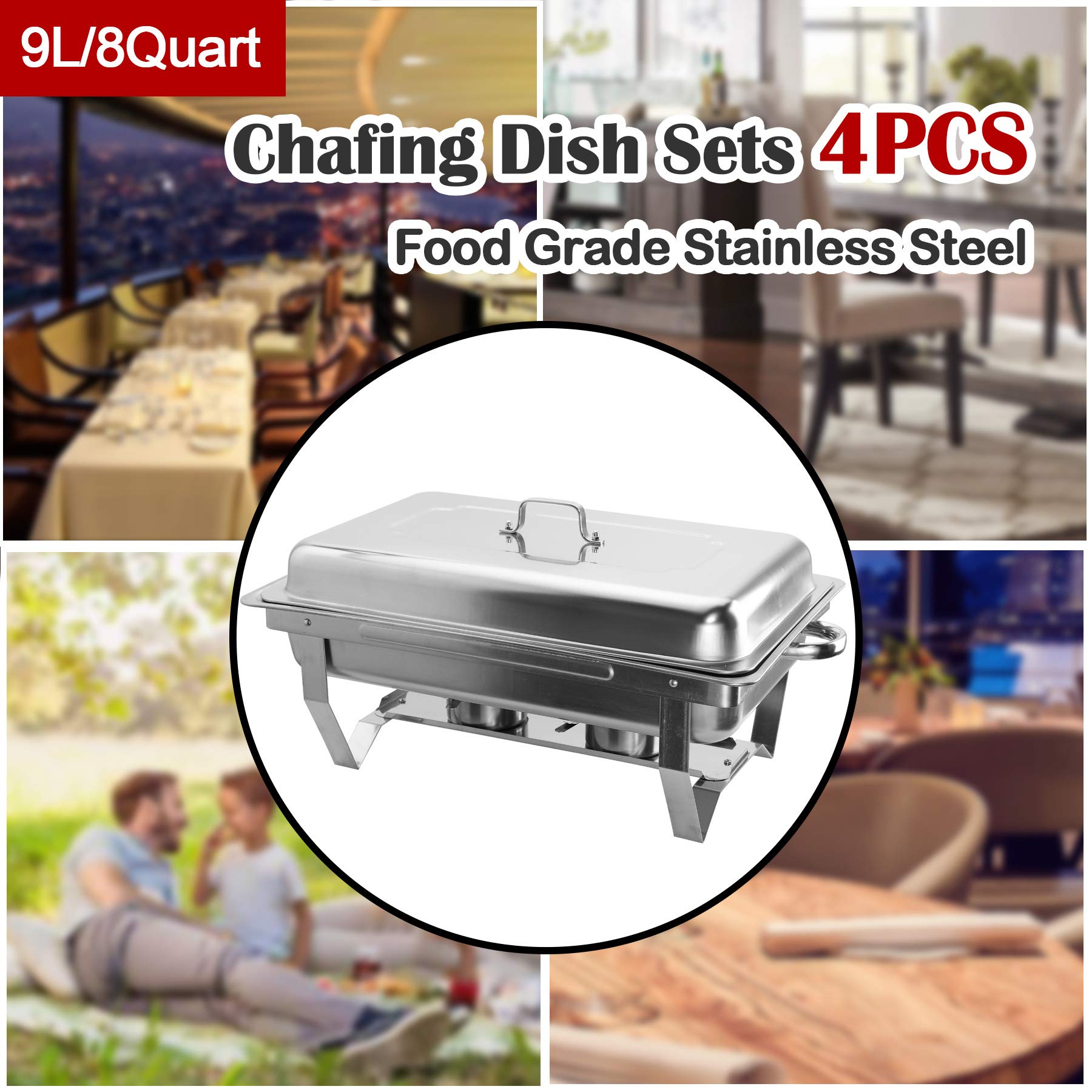 VONLUCE 9L Chafing Dish Set 4 Pezzi Scaldavivande in Acciaio Inox Contenitore Vassoio di Riscaldamento Pentole di Riscaldamento Chafing Dish per Buffet di Catering e Feste