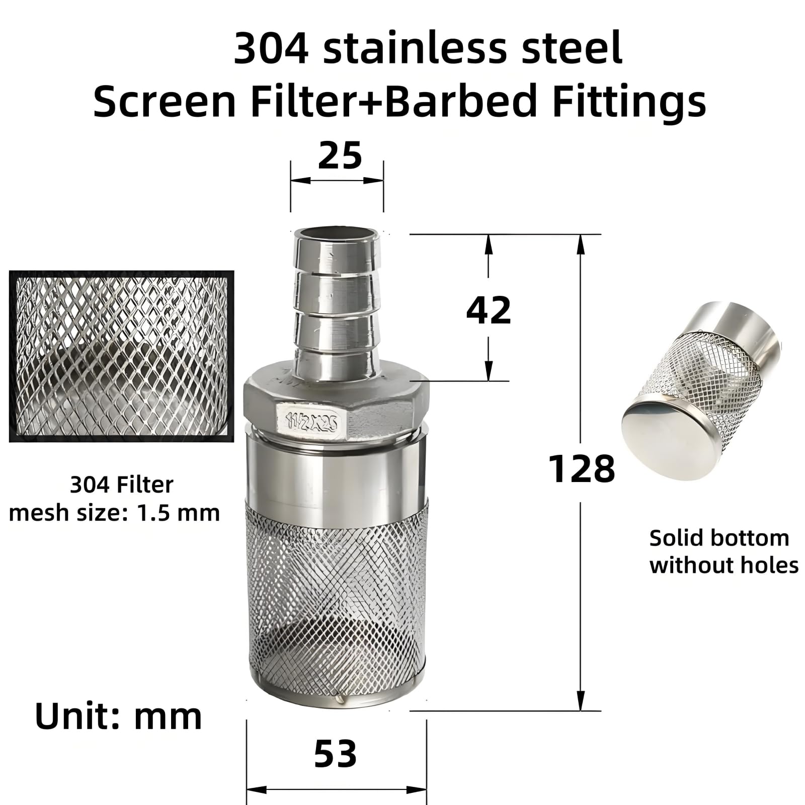 2 filtros de malla para manguera de jardín de acero inoxidable 304 G1.5 pulgadas con accesorios de manguera de púas de 25 mm, colador de succión de entrada, filtro de entrada para riego de