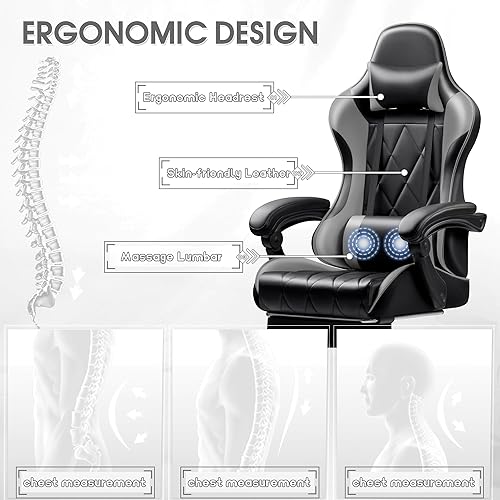 Miniatura 6 de Shahoo - Silla de juegos con reposapiés y soporte lumbar de masaje, silla ergonómica de oficina para computadora con altura ajustable y