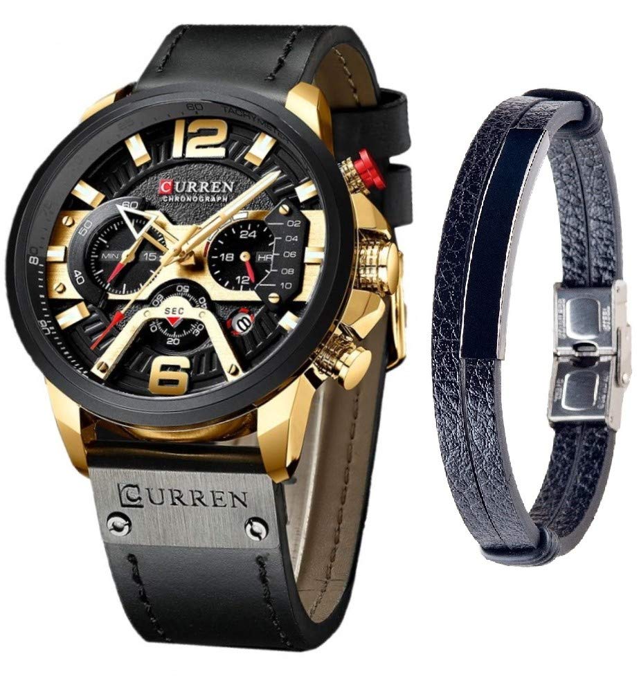 Curren Orologio da polso da uomo, al quarzo, analogico, stile militare, sportivo, nero, cinturino in pelle 8301, Nero e marrone., Militare