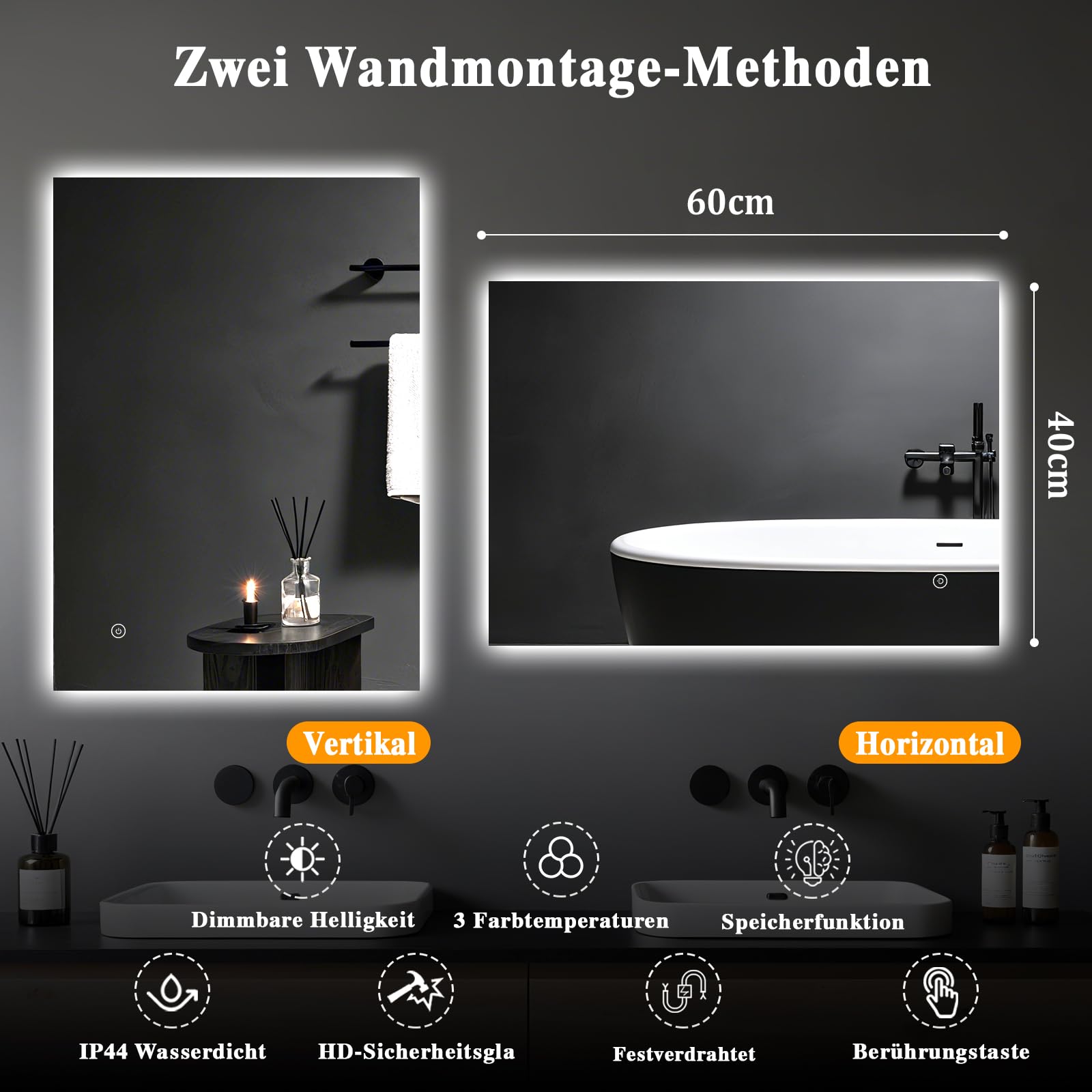 Badspiegel-mit-Beleuchtung 40x60cm - Badezimmerspiegel LED Badezimmer Spiegel mit Beleuchtung, Touch-Schalter, Dimmbar, 3 Lichtfarben, Wandspiegel Led-Spiegel-Bad Horizontal/Vertikal