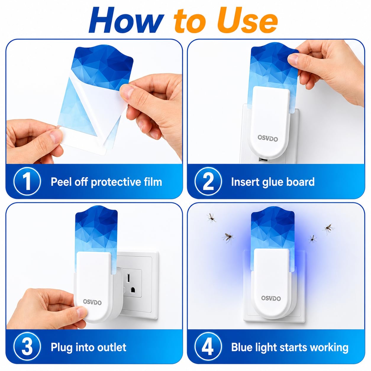 Trampas para moscas de la fruta para interiores (4 dispositivos y 24 tarjetas de pegamento), atrapamoscas voladoras con luz UV azul para mosquitos, moscas de casa, polillas, atrapamoscas de 400 pies