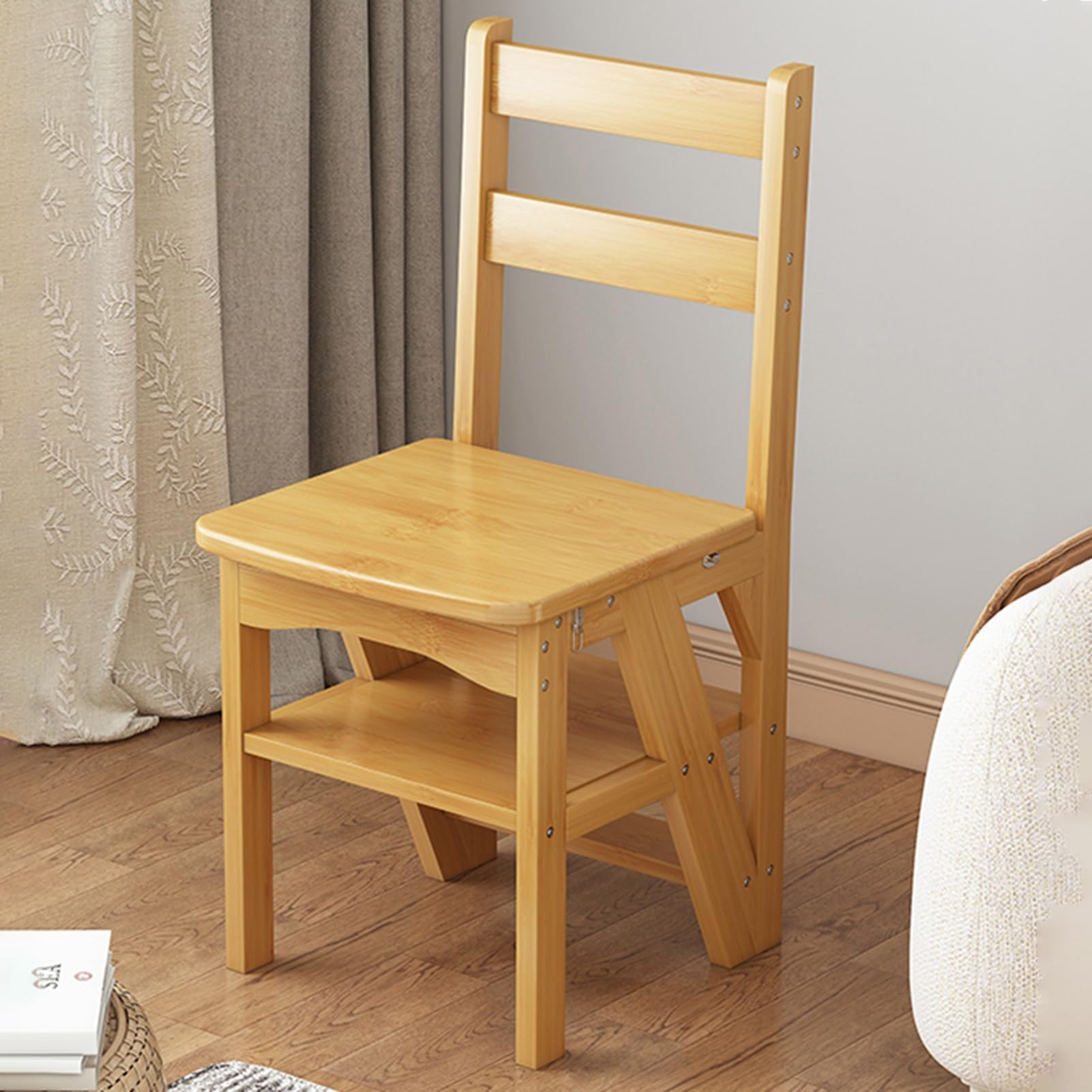 GWBoiuyQETM Wooden Folding Library Ladder Chair, 2 In 1 Lightweight Portable Multifunctional Step Stool, Protable 4-Step Library Ladder for Adults Office Home Kitchen Outdoor (Color : Log color)