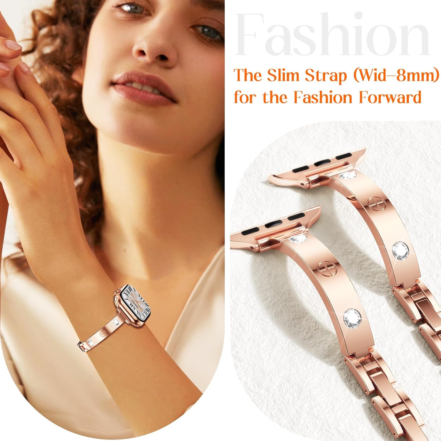 Mosonio Slim Bracelet Band with Sparkly Accents Compatible with Apple Watch Bands 46mm 45mm 44mm 49mm 42mm(Series 3 2 1)/ 38mm 40mm 41mm 42mm(Series 11 10) for Women, Stylish Adjustable Link Thin Metal Strap for iwatch Ultra Series 11 10 9 8 7 6 5 4 SE 3 2 1 - Image 2