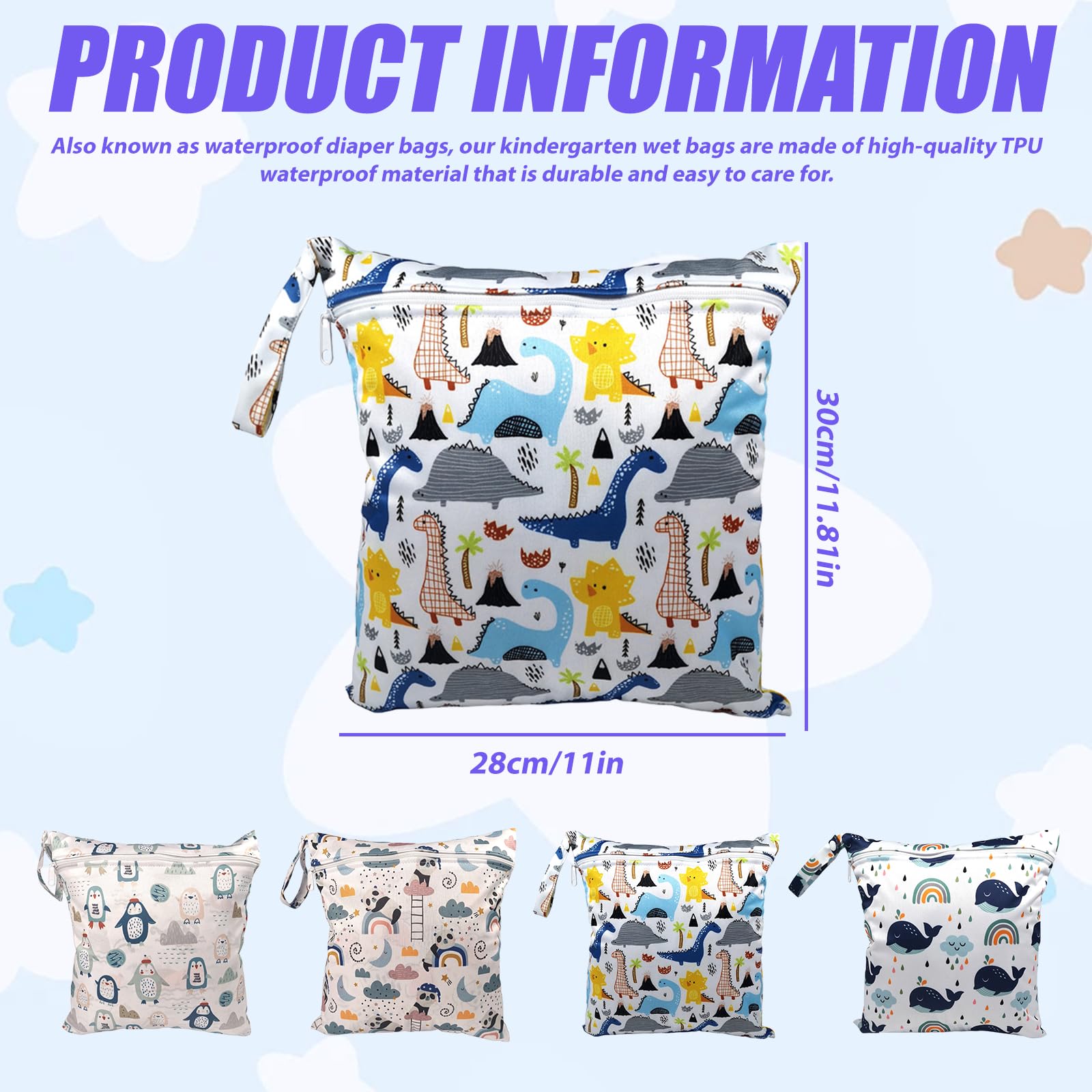 Borsa per Pannolini Lavabile 4 Pezzi Wet Dry Bags Impermeabile Riutilizzabile per Viaggi Spiaggia Piscina
