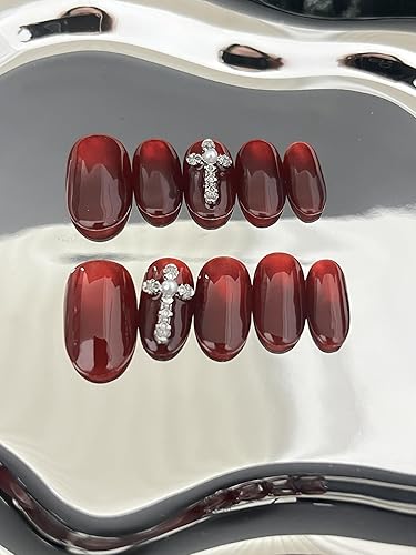 10pcs 3D Handmade Cherry Red Cat-Eye Press on Nails with