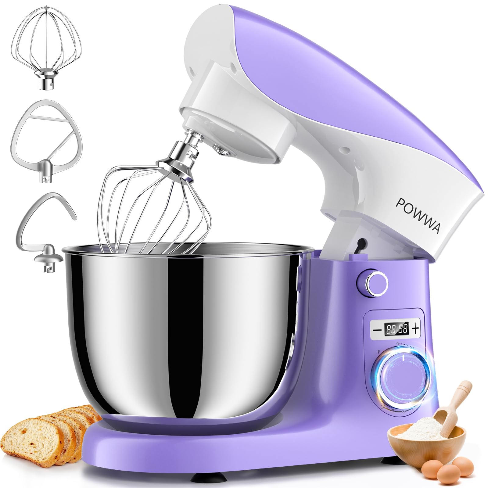 Batidora Amasadora Profesional, POWWA 5L Amasadora de Pan Repostería, 10 Velocidades con Pulso Bajo Ruido Robot de Cocina Multifunción, Diseño Elegante Accesorios para Batir y Amasar (Purple White)