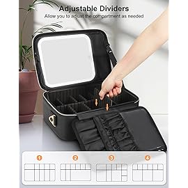 Chomeiu Makeup Bag with LED Mirror, Large Travel Cosmetic Train Case for Women, Makeup Artists Large Organizer Box with Vanity Light Up Mirror, 3 Color Lights, Adjustable Dividers (Black)