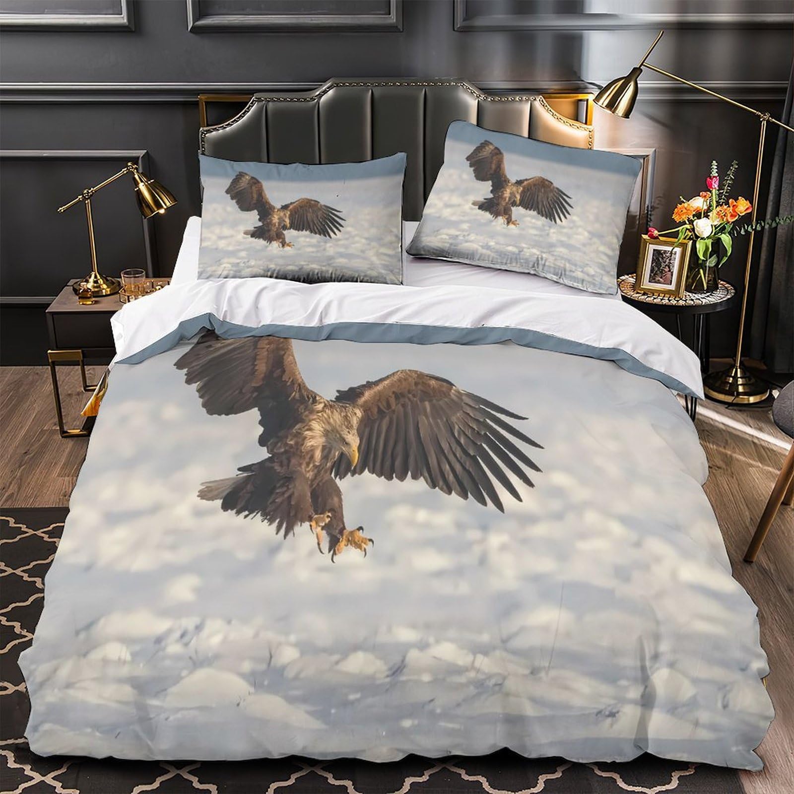 Parure de lit microfibre 135x200 avec motif aigle 3D et 3 pieces ultra douces
