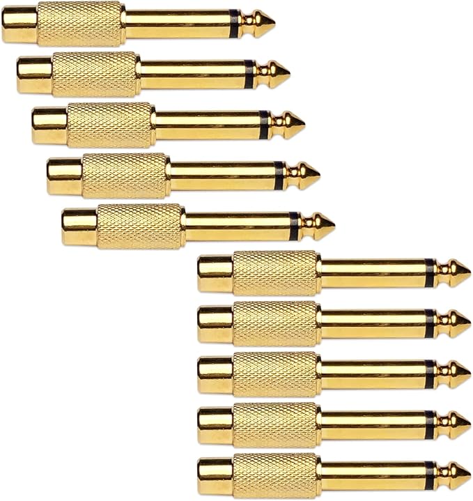 2-Pack 6.35mm TS To RCA Adapters - Gold-Plated Mono Male To Female Audio Connectors