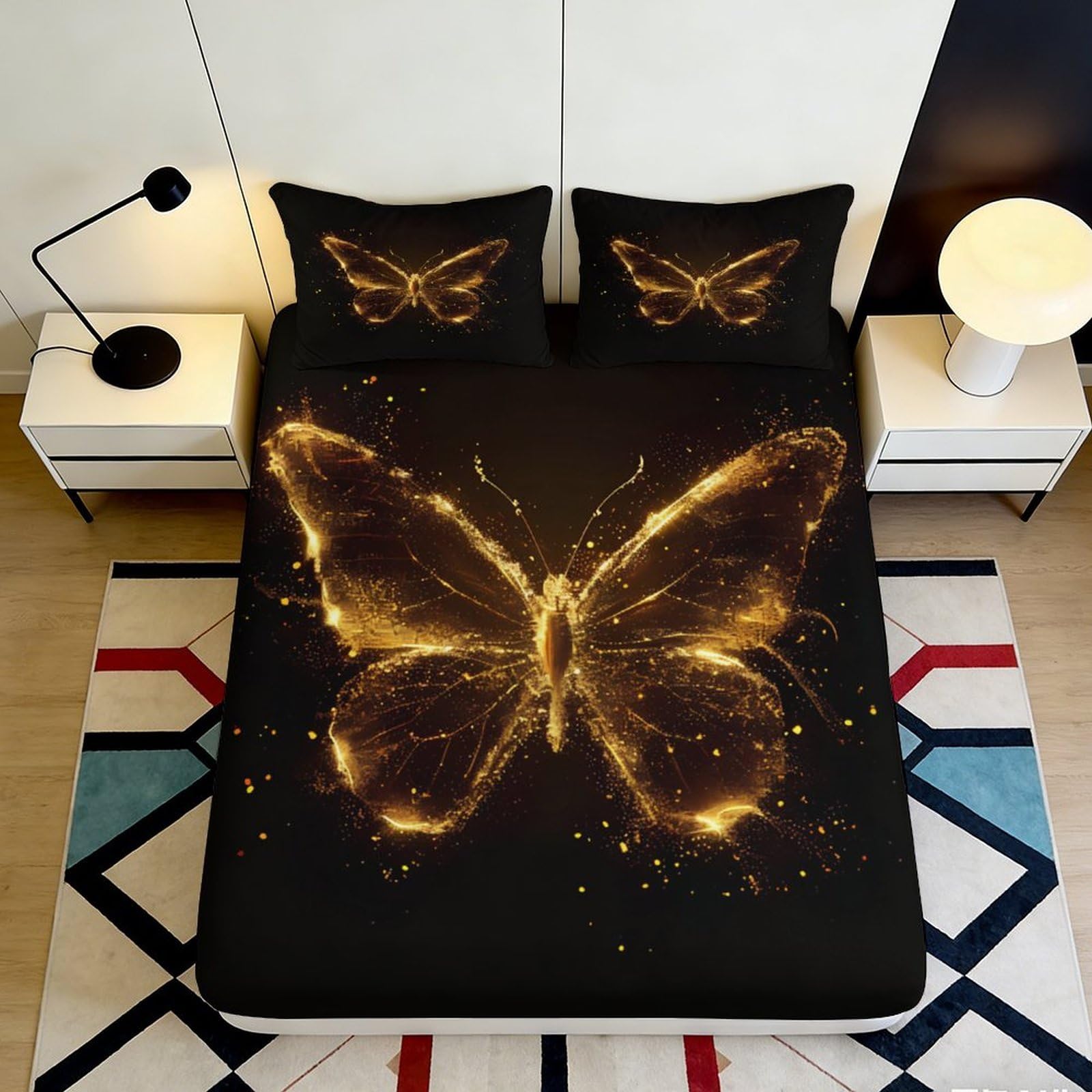 3D Printed Golden Butterfly Fitted Sheet Microfiber Black Bed Cover Anti-Slip for Bedroom Guest Room Mattress Decor 180x200x25cm