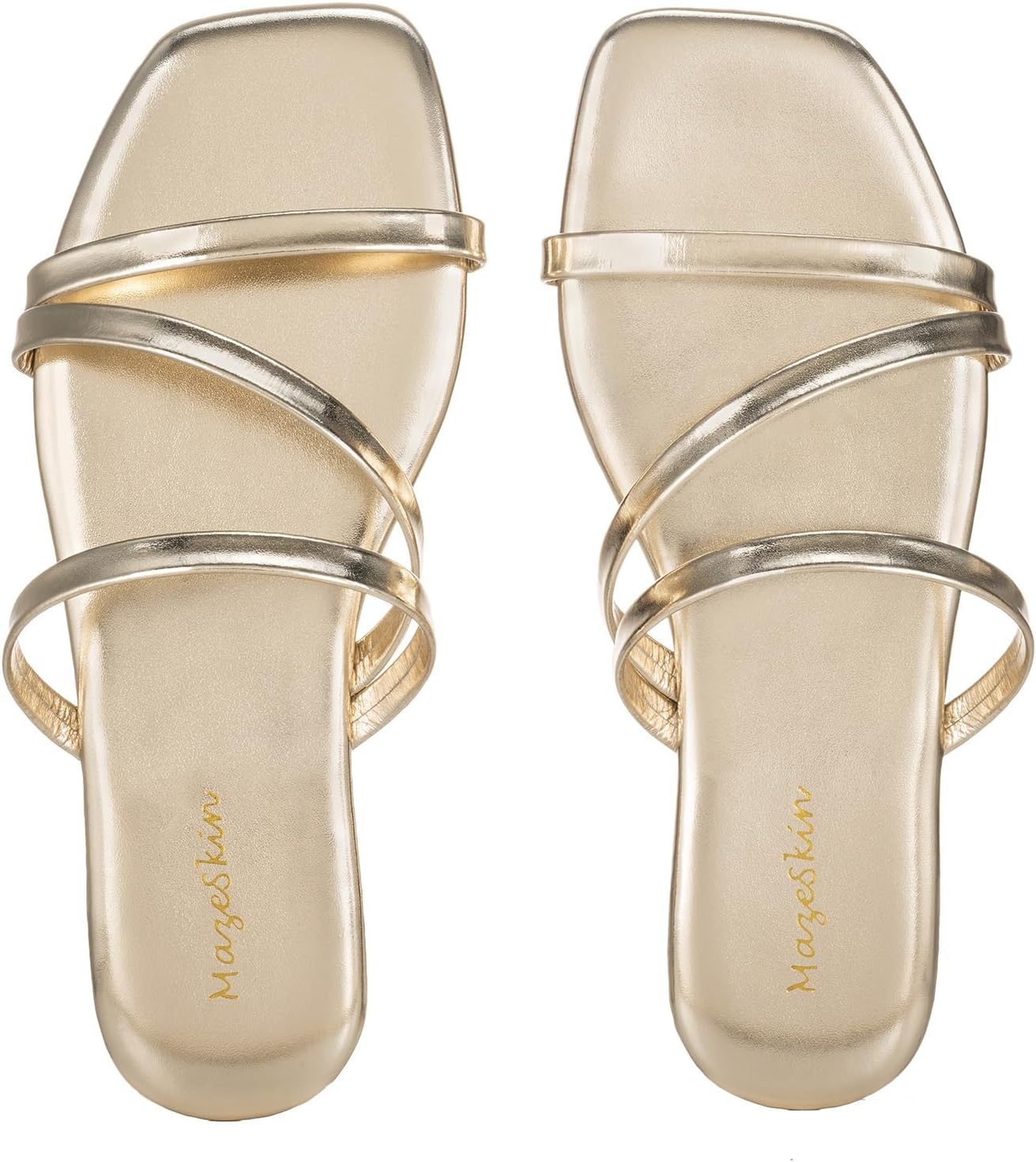 mazeskin Memory Foam Strappy Flats Sandals for Women Vegan Leather Summer Square Toe Beach Slides Non-Slip