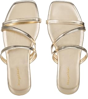mazeskin Memory Foam Strappy Flats Sandals for Women Vegan Leather Summer Square Toe Beach Slides Non-Slip